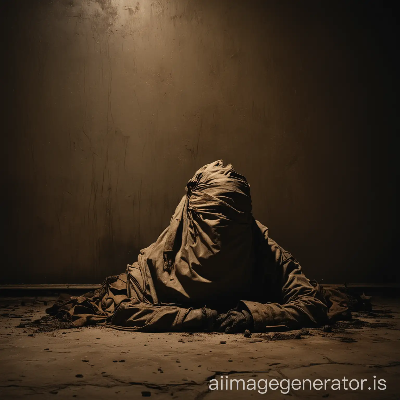 dead hostage, lying against a wall, with a bag covering his face, in a dark room on fire