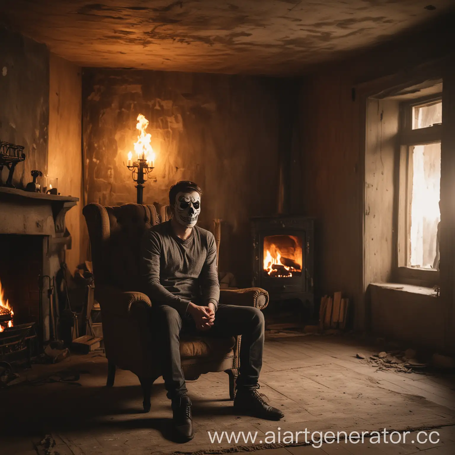 Mysterious-Figure-by-the-Fireplace-Masked-Intrigue-in-Dim-Illumination