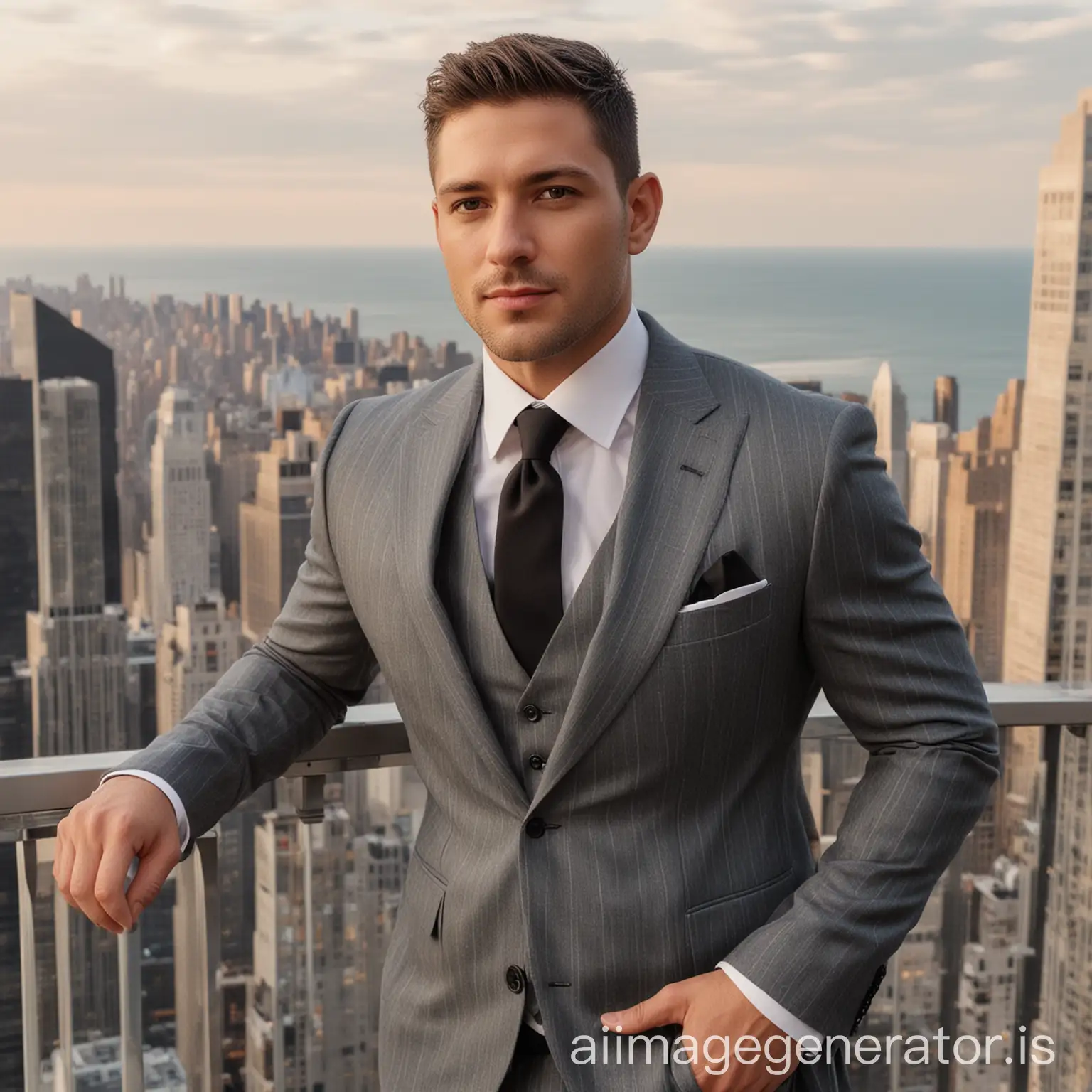 beautiful elegant American businessman 37 years old grey eyes very short haircut look direct to camera wearing Hugo boss deep gray suit with wide Stripes and no tie staying business lounge balcony balcony of 5th avenue skyscraper top floor to sunrise sea view