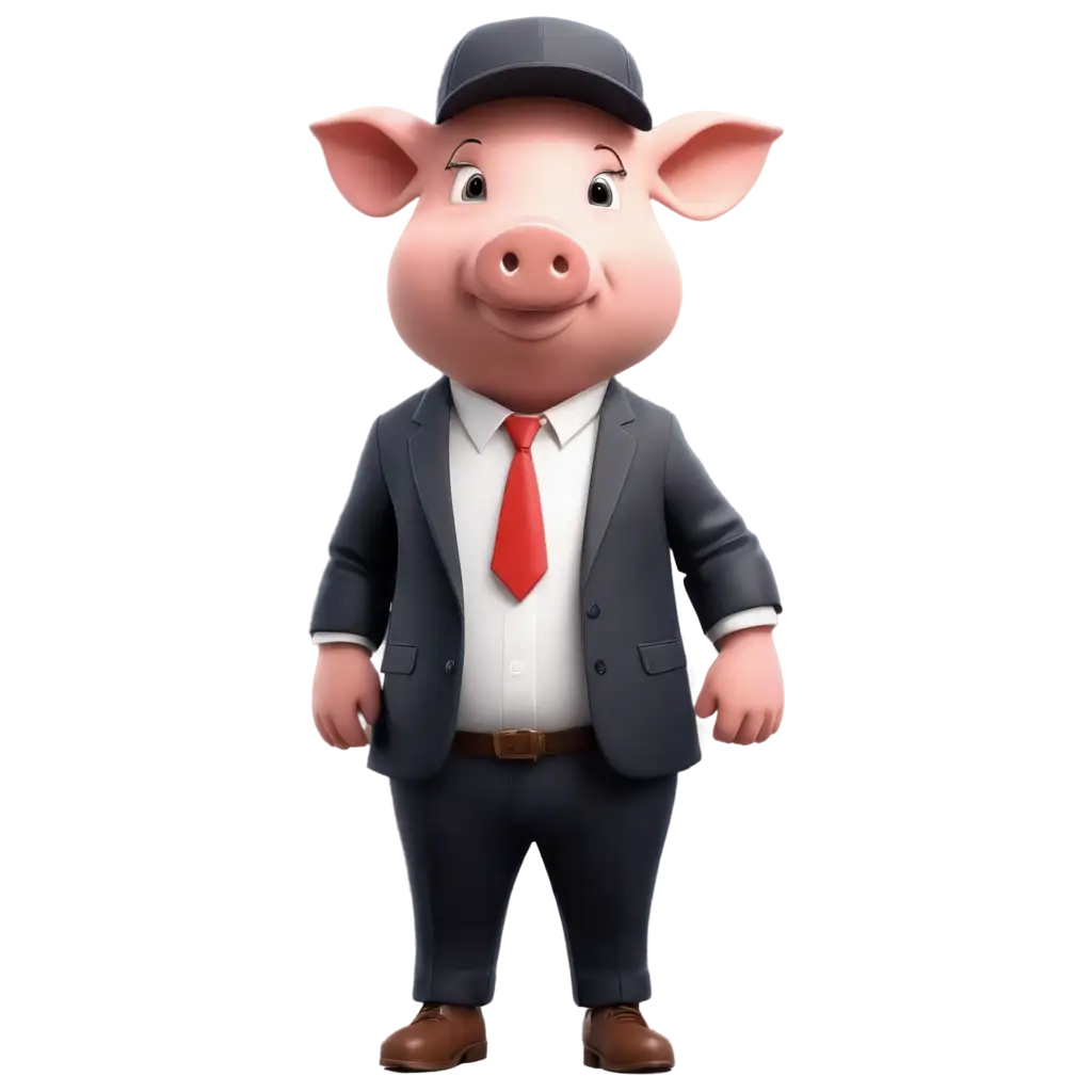 A PIG WITH A CARTOON STYLE BASEBALL CAP AND A BLACK SUITE