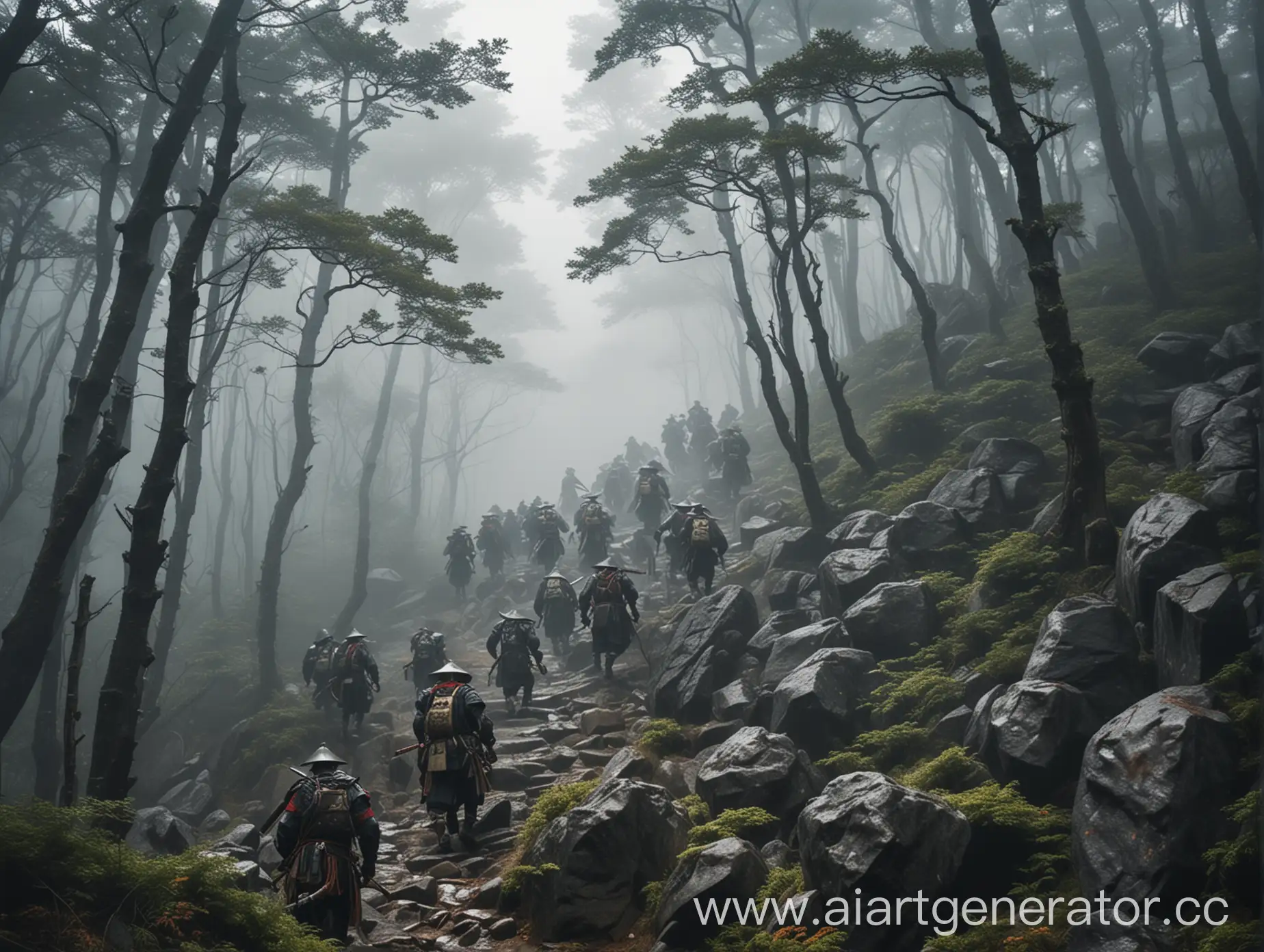 Samurai-Warriors-Climbing-Misty-Mountain