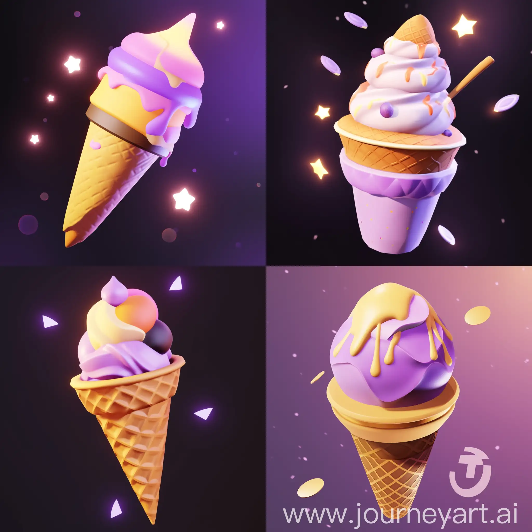 an Ice cream, 3d icon, cartoon, clay material, smooth and shiny, Nintendo, isometric, Purple and yellow, spot light, dark background --niji 5
