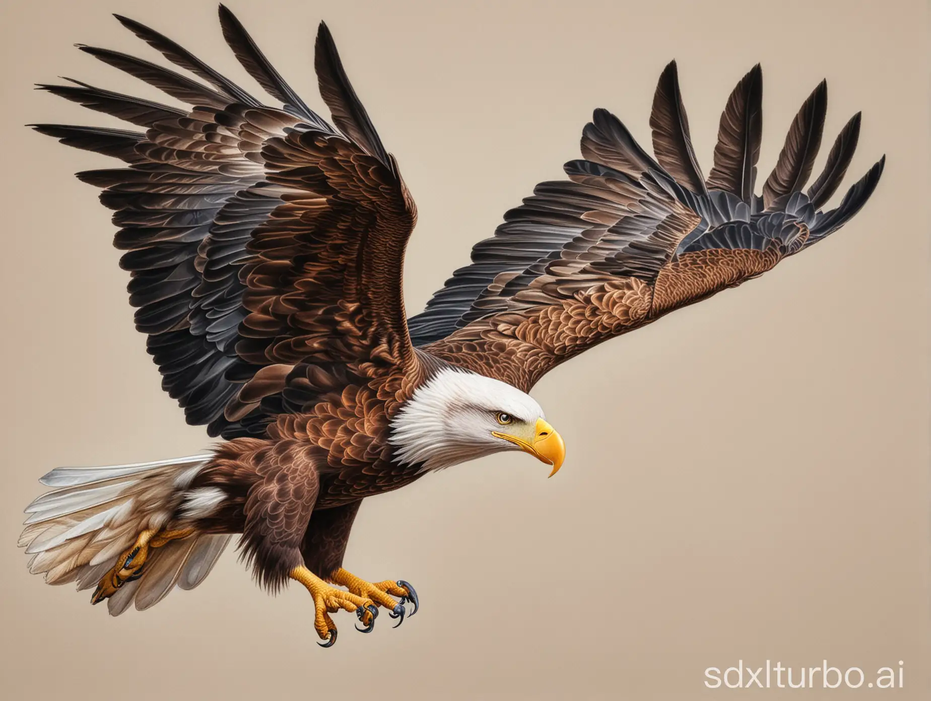 Bald eagle, Close-up colored-pencil sketch full body of a Bald eagle is flying in the air