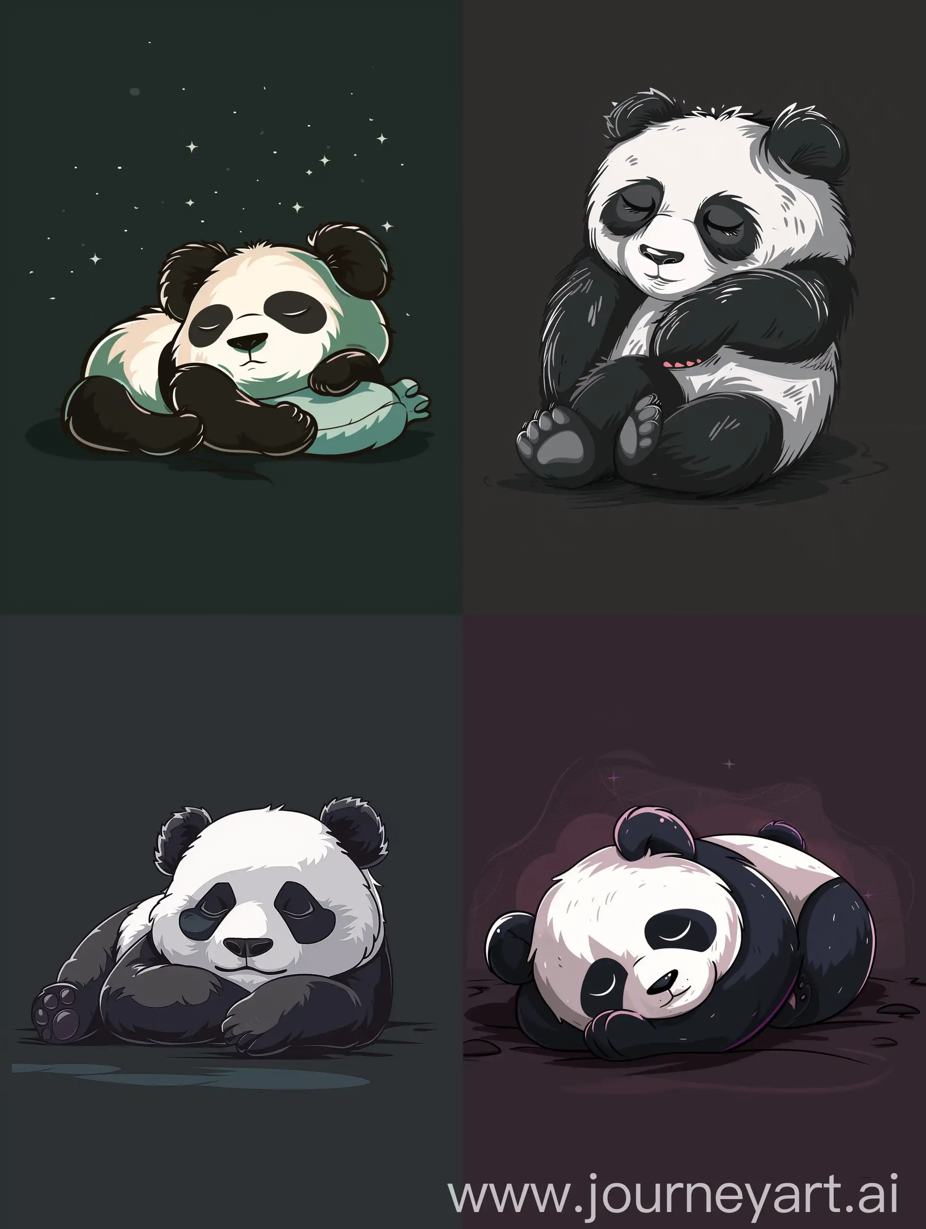 thin line style chibi cute panda sleeping, with solid dark background, small object and center concentrated image, far view point