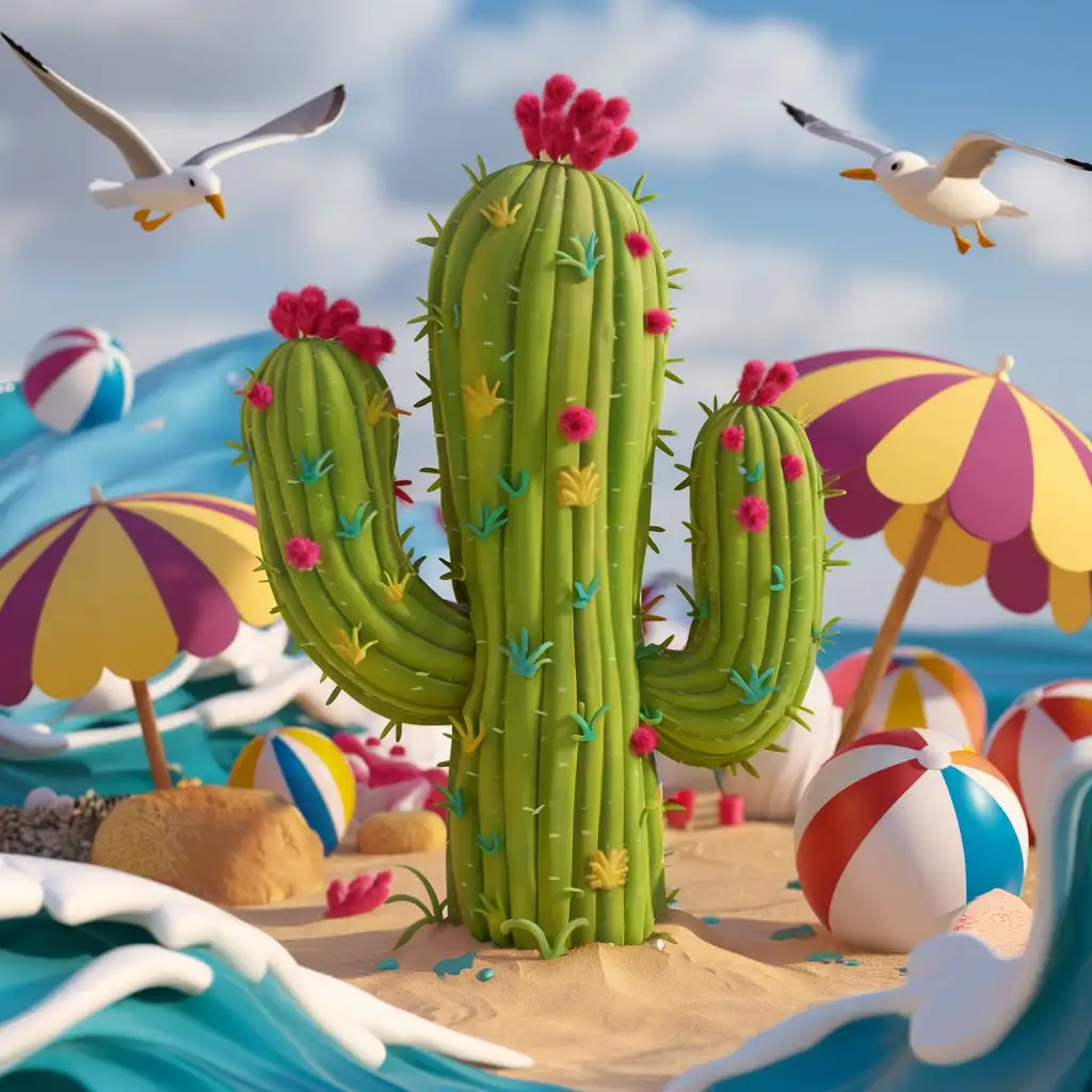 Colorful-3D-Cactus-Artwork-on-a-Beach
