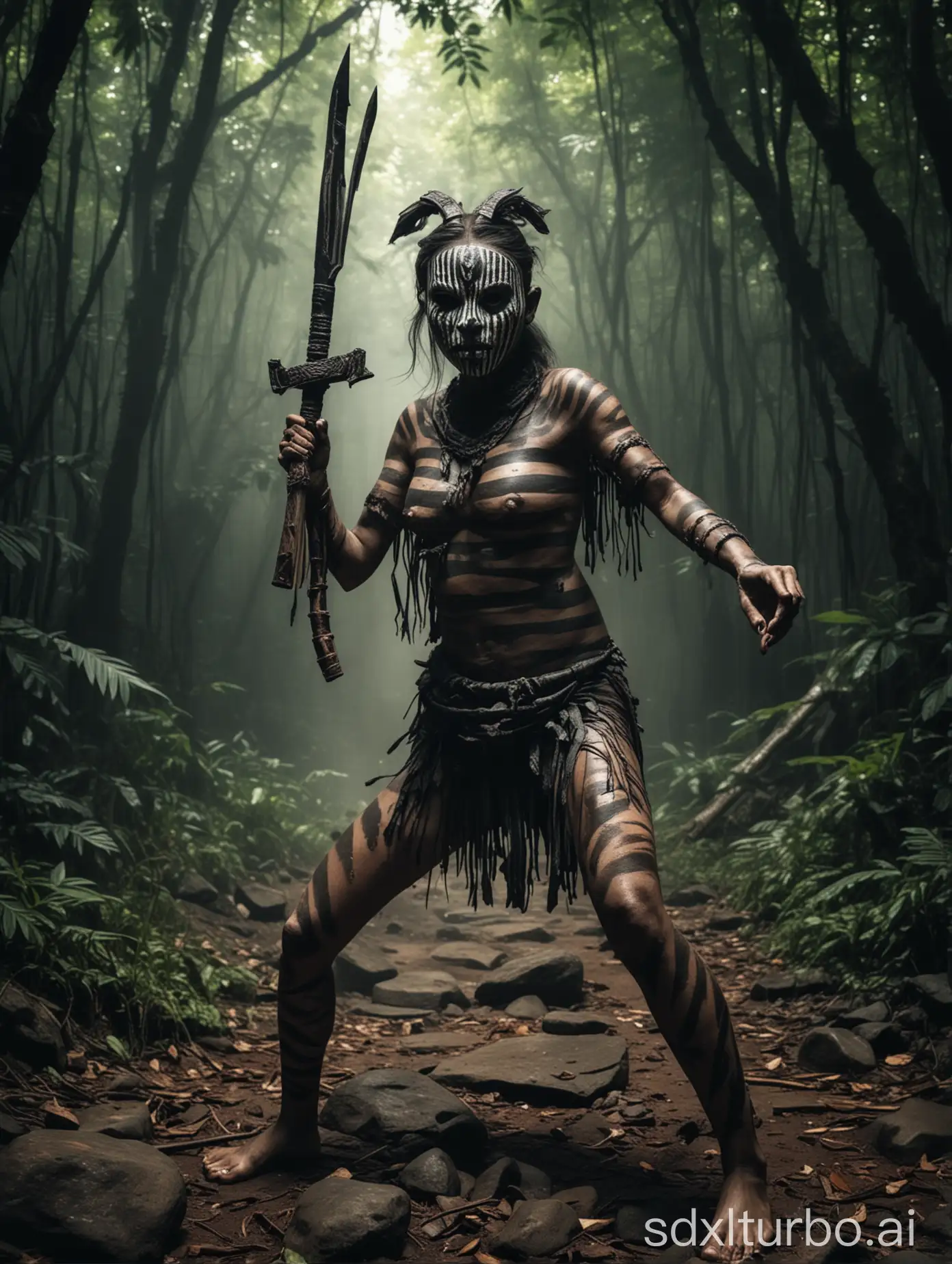 terrifying tribe woman wear Striped wooden mask, dark bodypainting whole on body, fighting pose with (weapon) on the rock in middle shady jungle, dark ambience effect