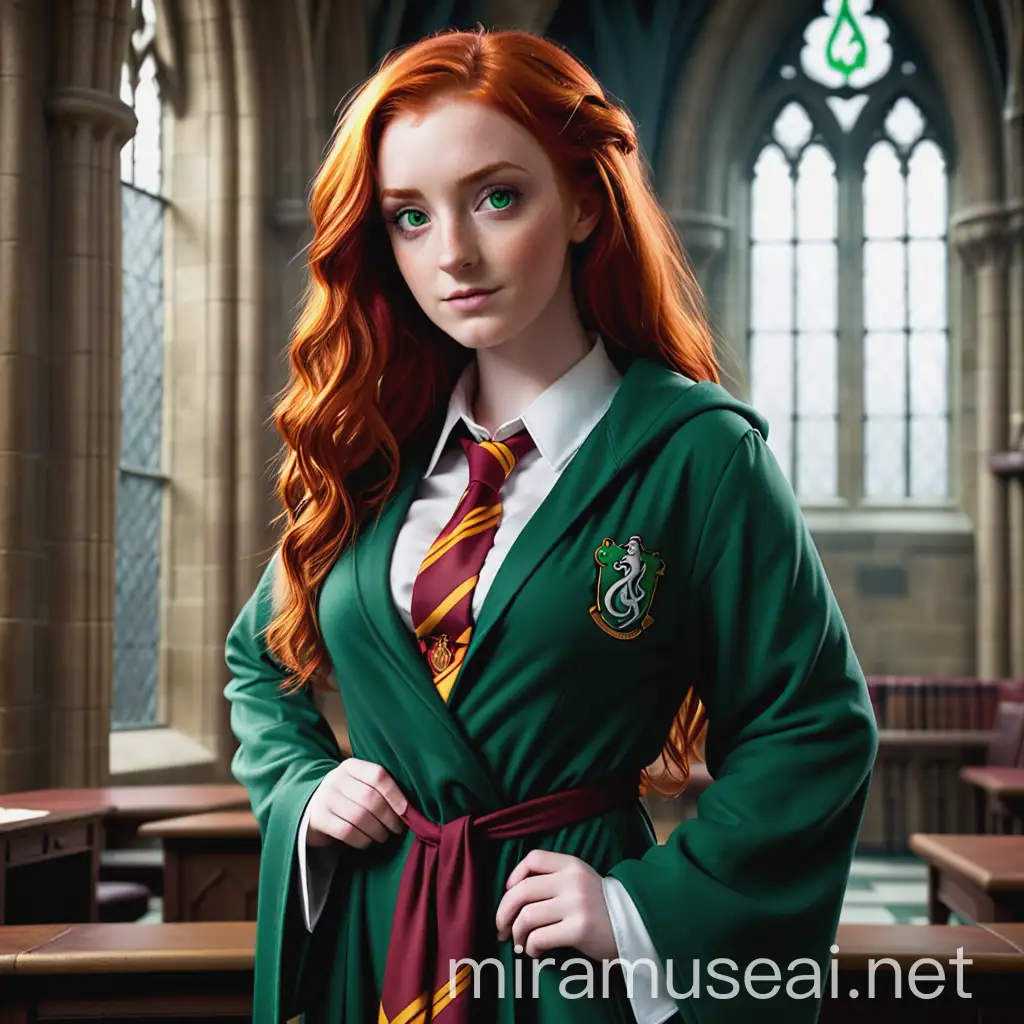 Lily Evans with red hair and green eyes wearing a Gryffindor robe and Slytherin tie which shows off her curvaceous but still well trained body while posing in Hogwarts.