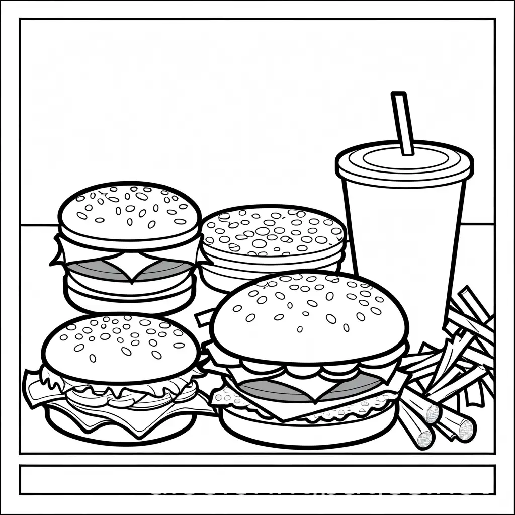 McDonalds Happy Meal , Coloring Page, black and white, line art, white background, Simplicity, Ample White Space. The background of the coloring page is plain white to make it easy for young children to color within the lines. The outlines of all the subjects are easy to distinguish, making it simple for kids to color without too much difficulty