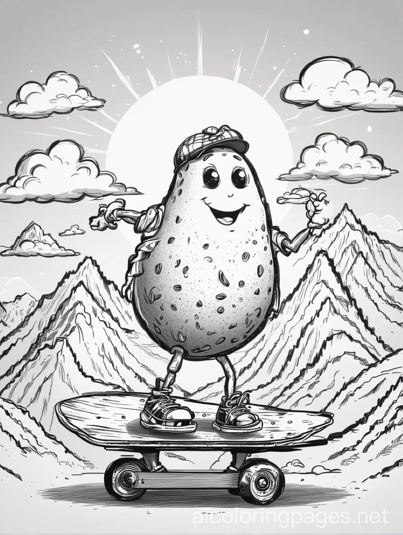 a potato jumping on to a skateboard, in cartoon style. with a sun, mountains, and clouds in the background, Coloring Page, black and white, line art, white background, Simplicity, Ample White Space. The background of the coloring page is plain white to make it easy for young children to color within the lines. The outlines of all the subjects are easy to distinguish, making it simple for kids to color without too much difficulty