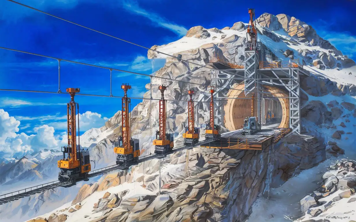 High Altitude Mountain Railway Construction with Drilling Tunnel Machines on a Sunny Day