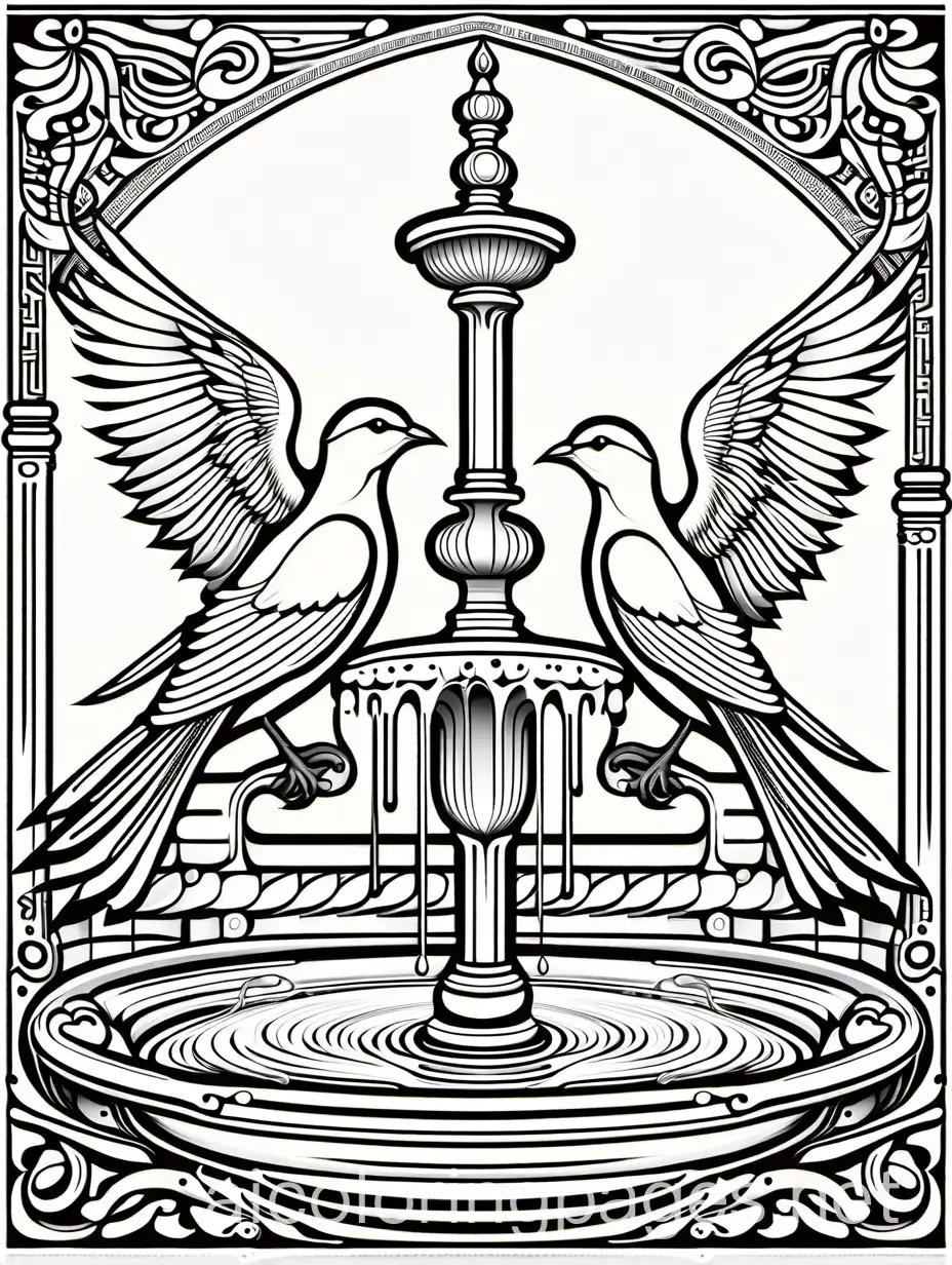 Two birds sitting on a fountain, elegant, Alphonse Mucha , trending on art station, Coloring Page, black and white, line art, white background, Simplicity, Ample White Space. The background of the coloring page is plain white to make it easy for young children to color within the lines. The outlines of all the subjects are easy to distinguish, making it simple for kids to color without too much difficulty