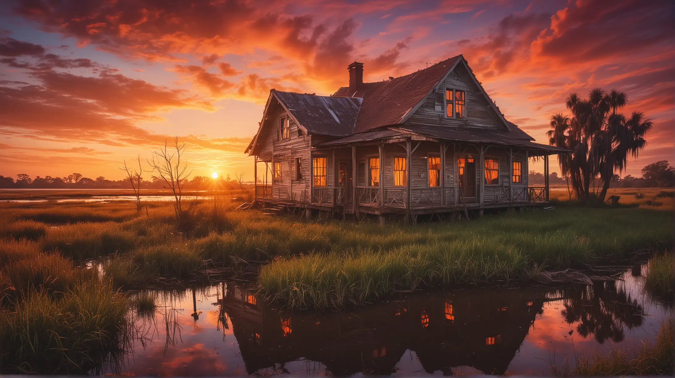 an old house at wetlands, sunset, psychodelic view