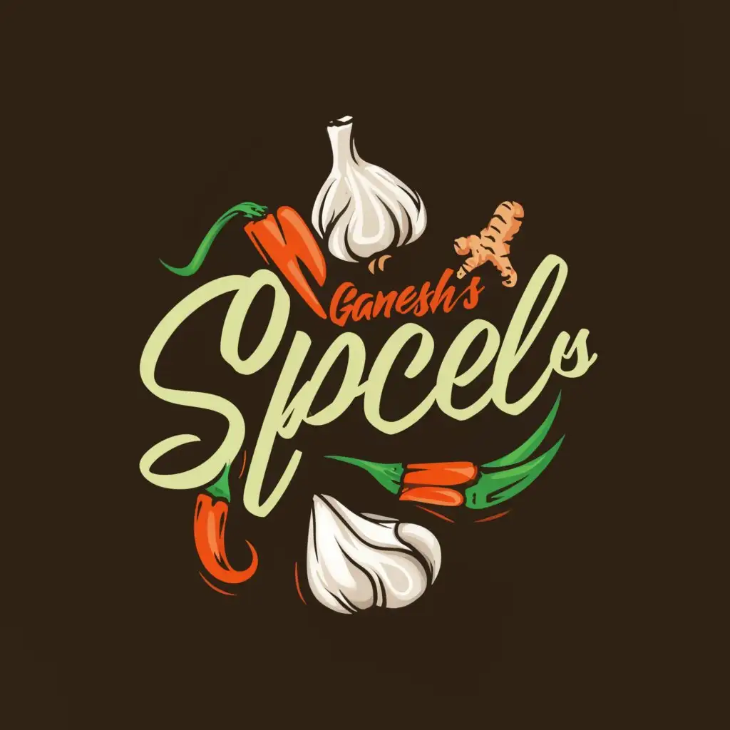 a logo design,with the text "Ganesh's Spicel", main symbol:Garlic, Ginger, chilli,Moderate,be used in Restaurant industry,clear background