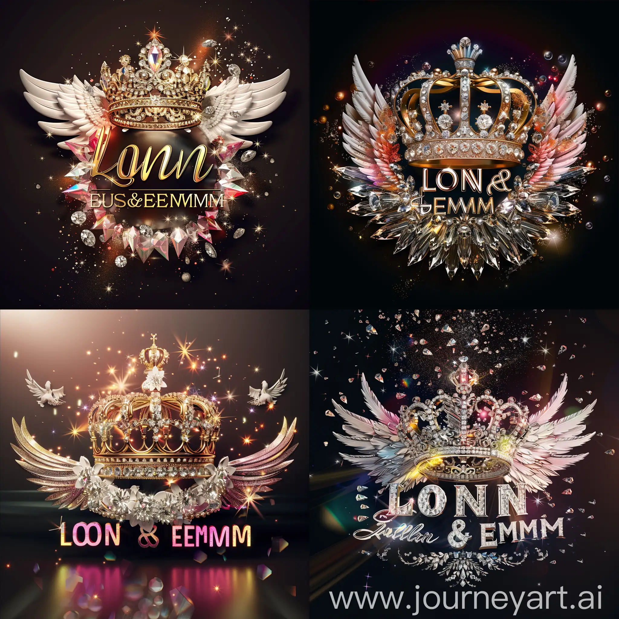 Elegant 3D typography with the name. " LONA&EMMA" with an elegant crown and fine diamonds with sparkles of bright colors and angel wings, photo, typography, vibrantv0.1, graffiti, illustration, photo, product, fashion, poster