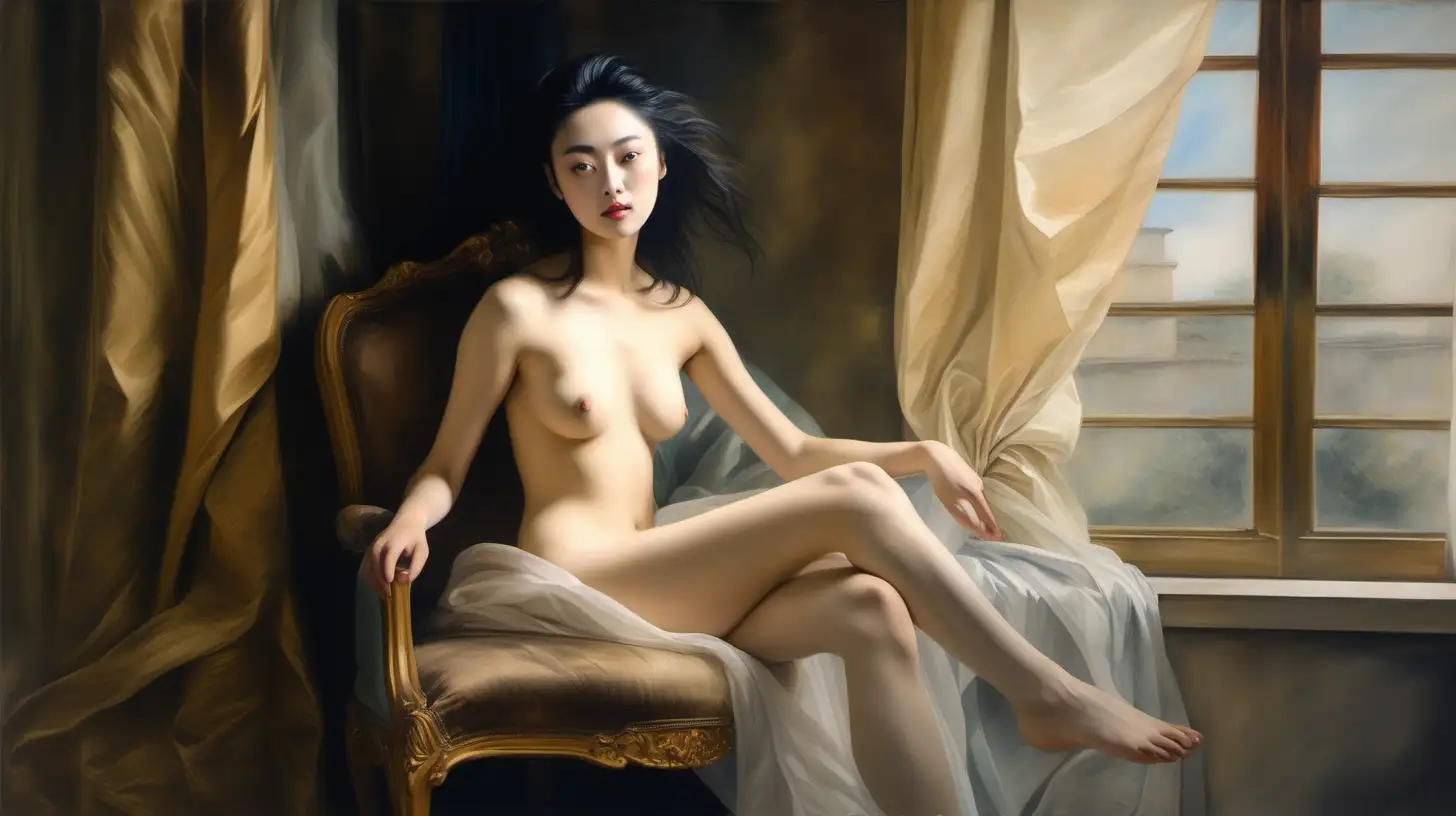 Nude oil painting of  beautiful Jing Tian  sitting in a chair near a small window. Curtains blowing. Wide angle shot. In the style of Elisabeth Vigee Le Brun.
