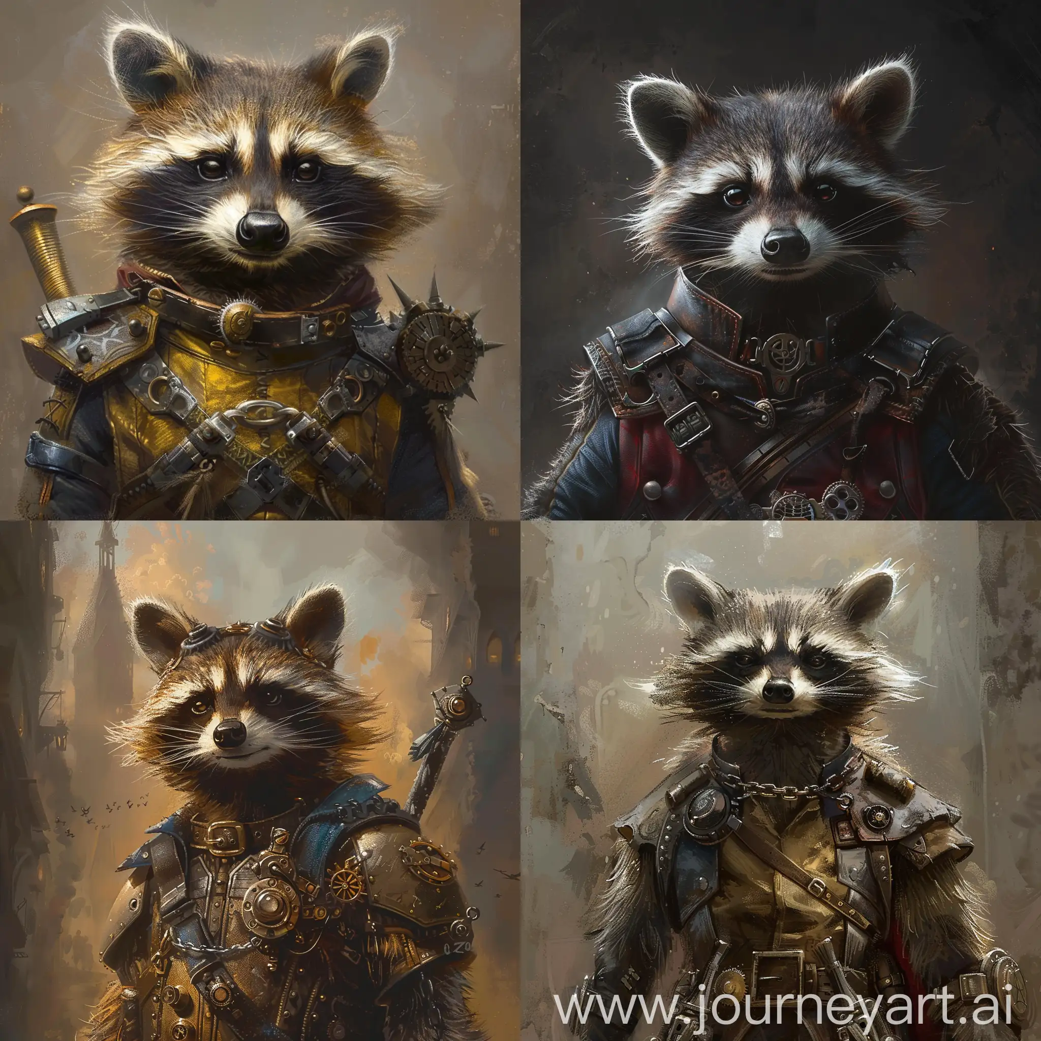 Rocket raccoon with a steampunk and medieval style