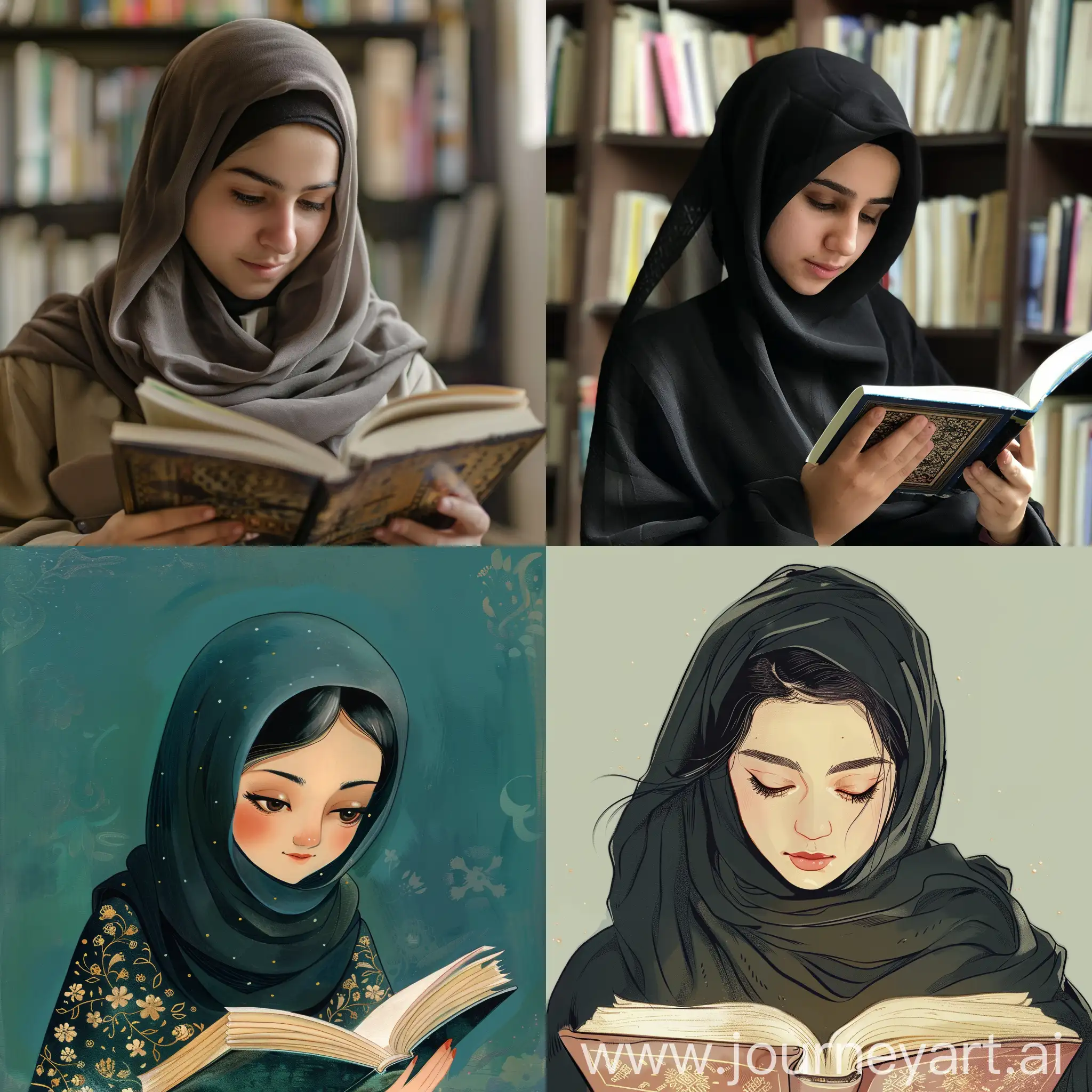 Iranian girl with hijab who is reading a book