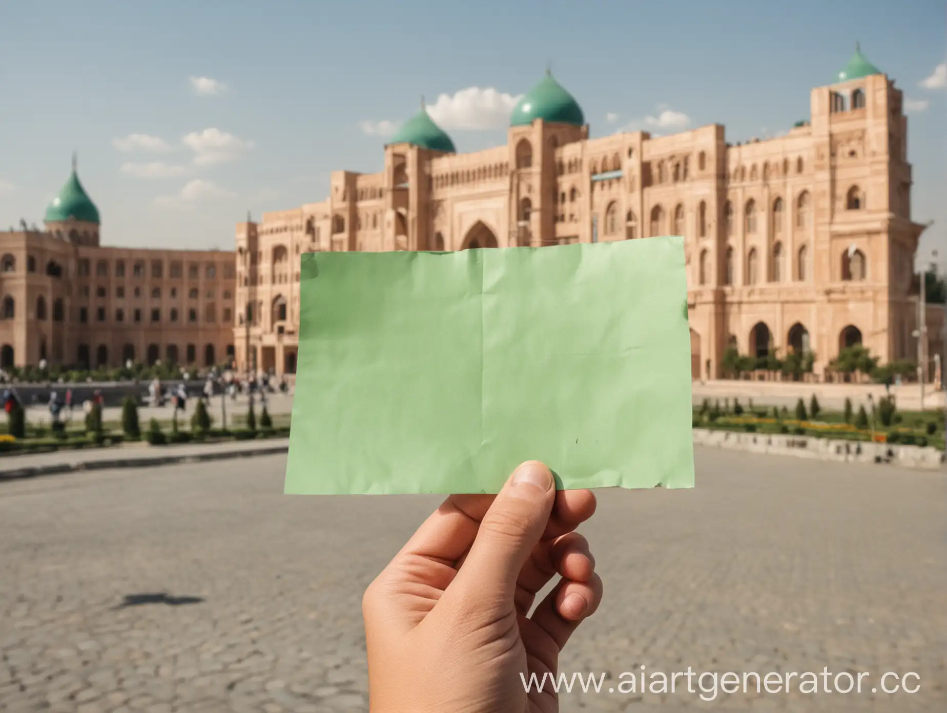Person-Holding-Blank-Paper-in-Tashkent-Cityscape