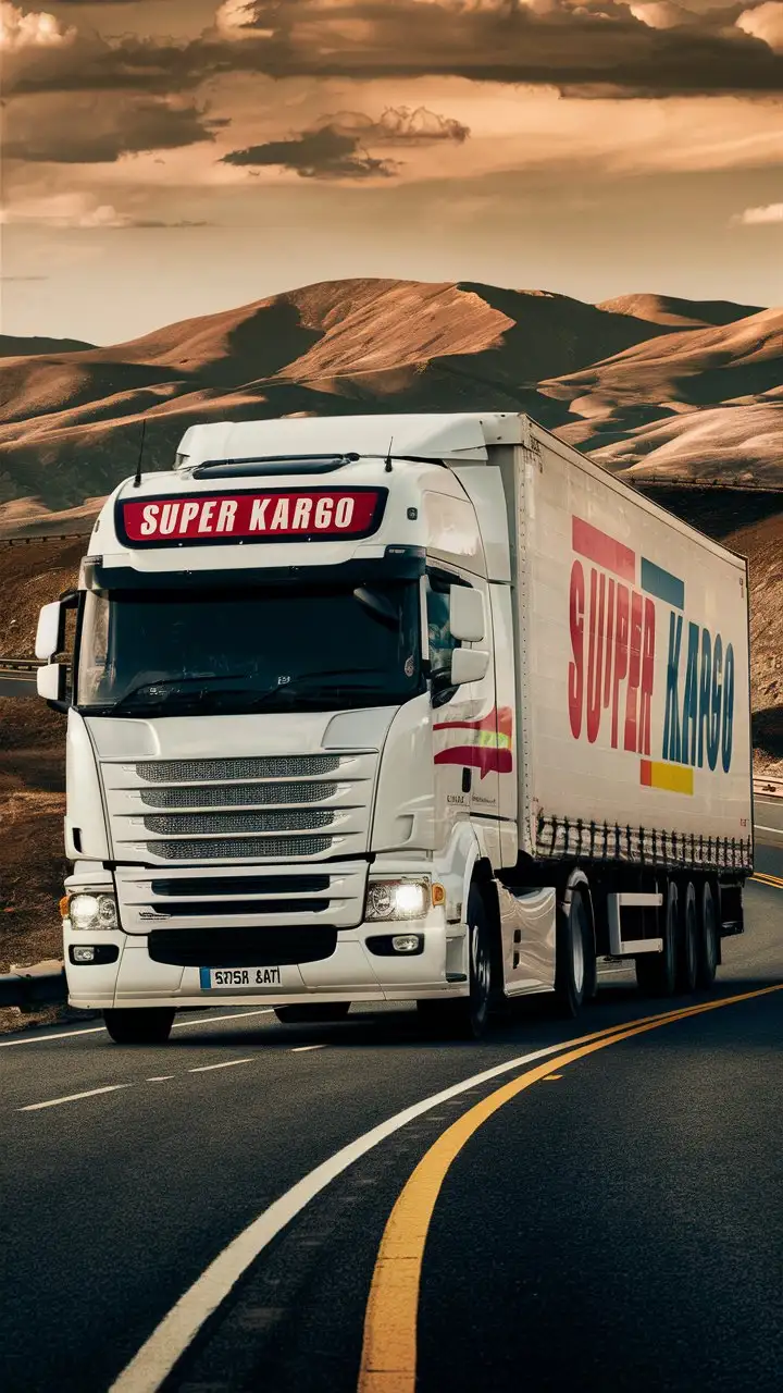 Let there be a "SUPER KARGO" sign on the front of the white logistics truck on the road.
