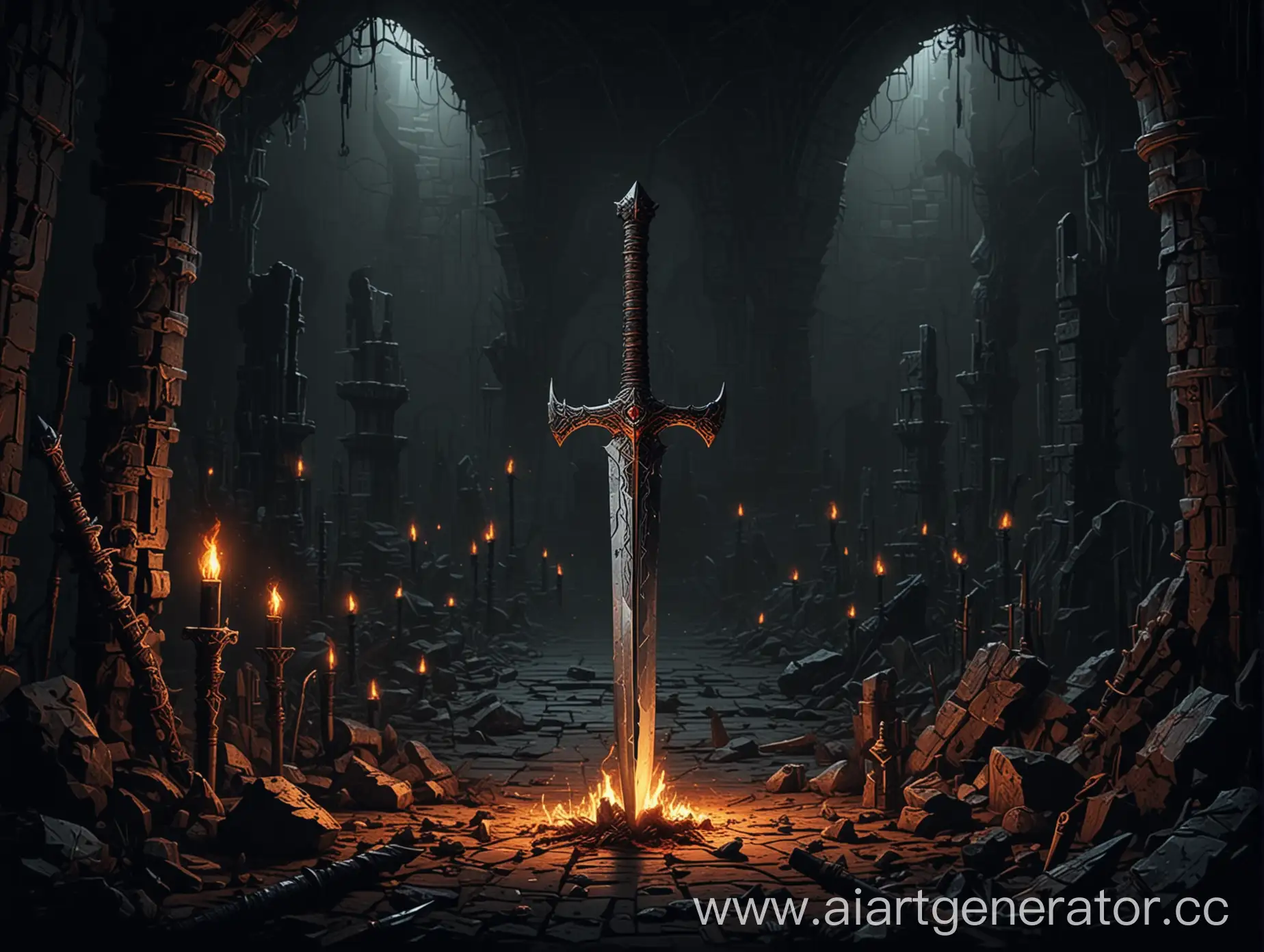 Pixel-Art-Abandoned-Sword-in-Dungeon-with-Spiders-and-Torches