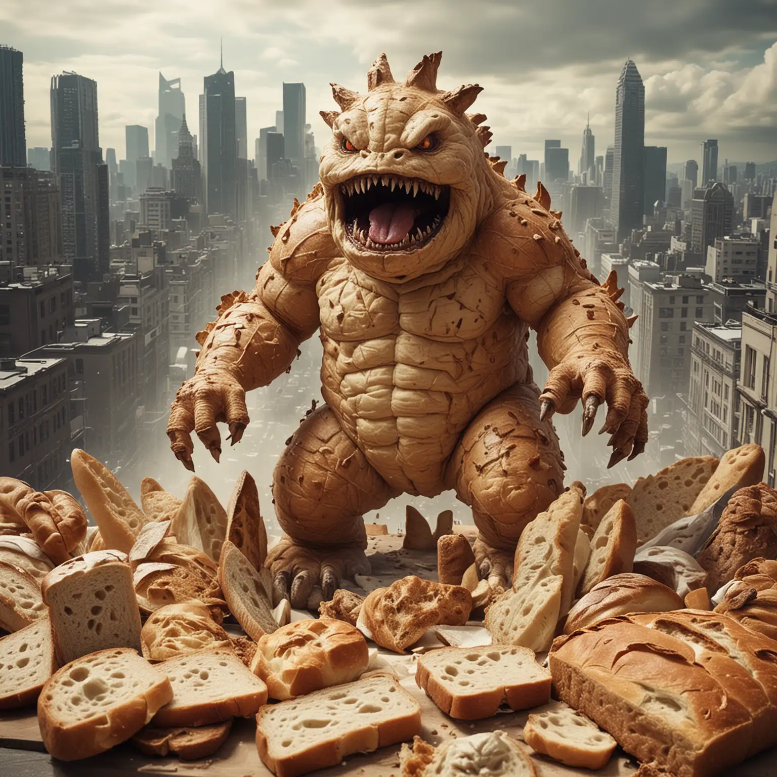 Bread ,monster,kaiju, sourdough texture, destroying city