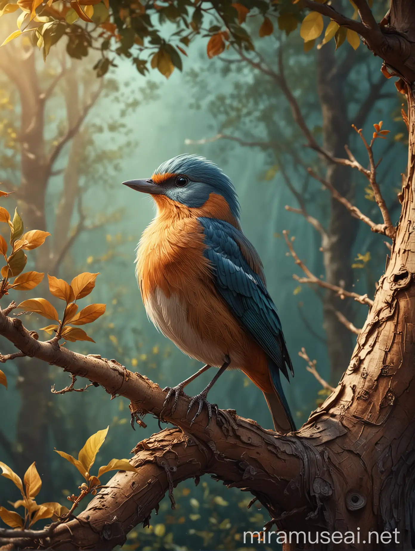 A beautiful digital illustration of a bird on a tree