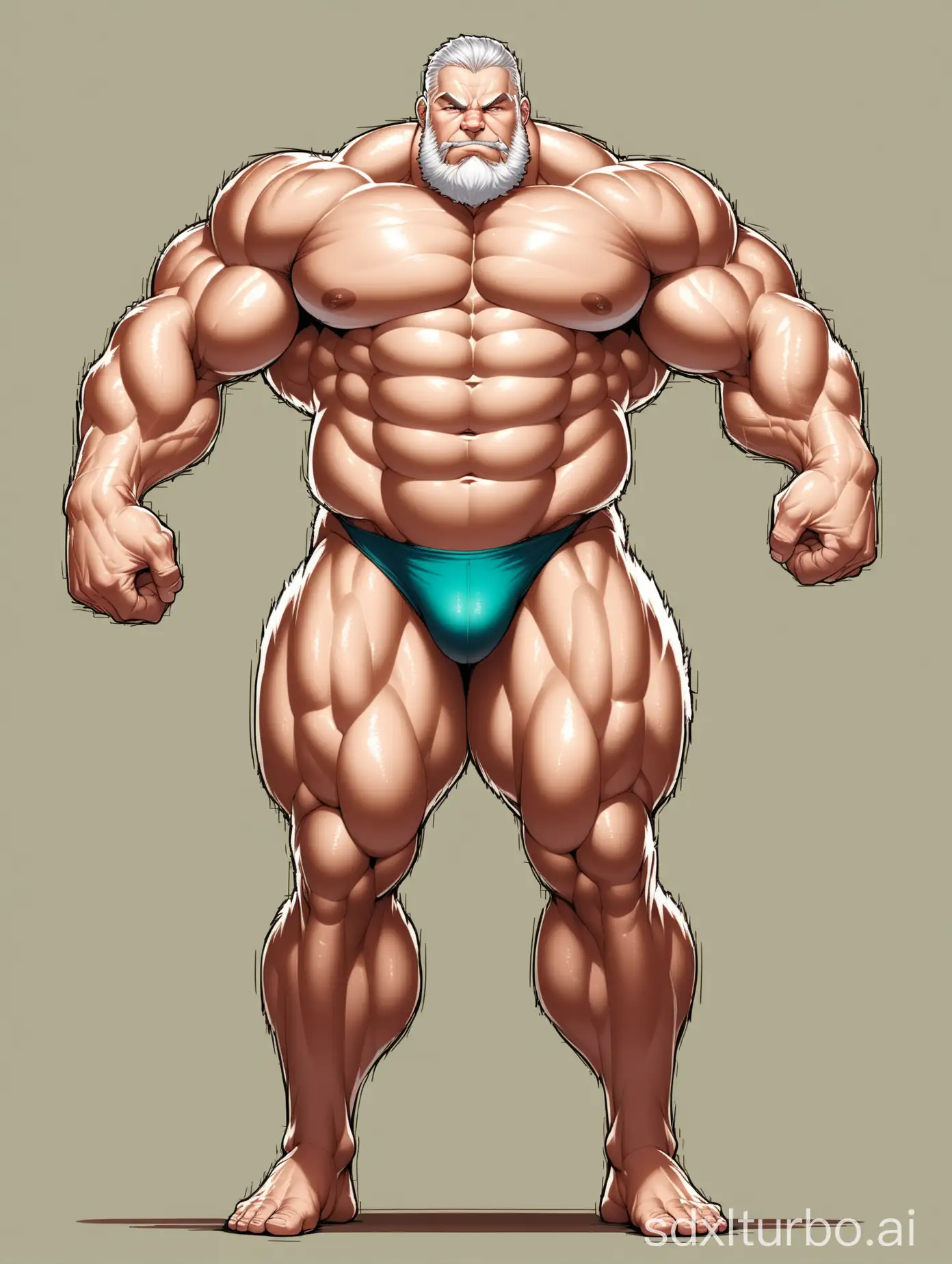 White skin and massive muscle stud, much bodyhair. Huge and giant and Strong body. Very Long and strong legs. 2m tall. very Big Chest. very Big biceps. 8-pack abs. Very Massive muscle Body. Wearing underwear. he is giant tall. very fat. very fat. very fat. Full Body diagram. very long strong legs.very long legs.very long legs. raise his arms to show his huge biceps. raise his arms to show his huge biceps.very old man.very handsome men.