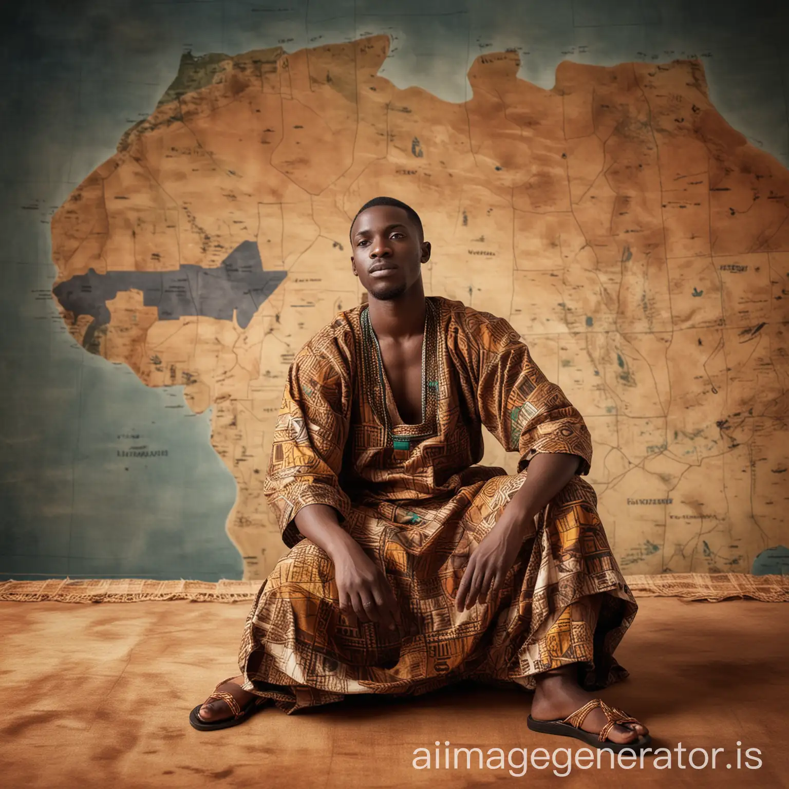 Create an Image of an African man wearing African Clothes and seated at the edge of an African map