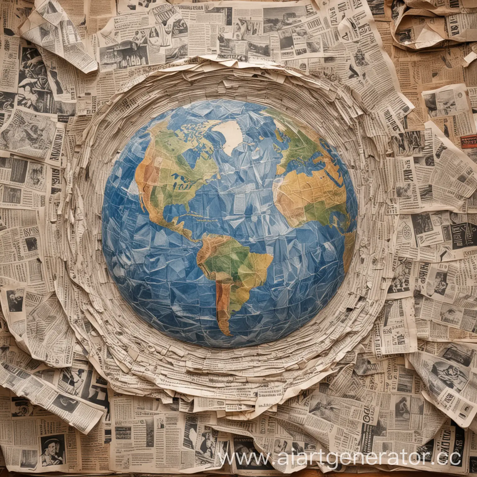 Рванные газеты, с помощью газет выложены рисунки создания Земли