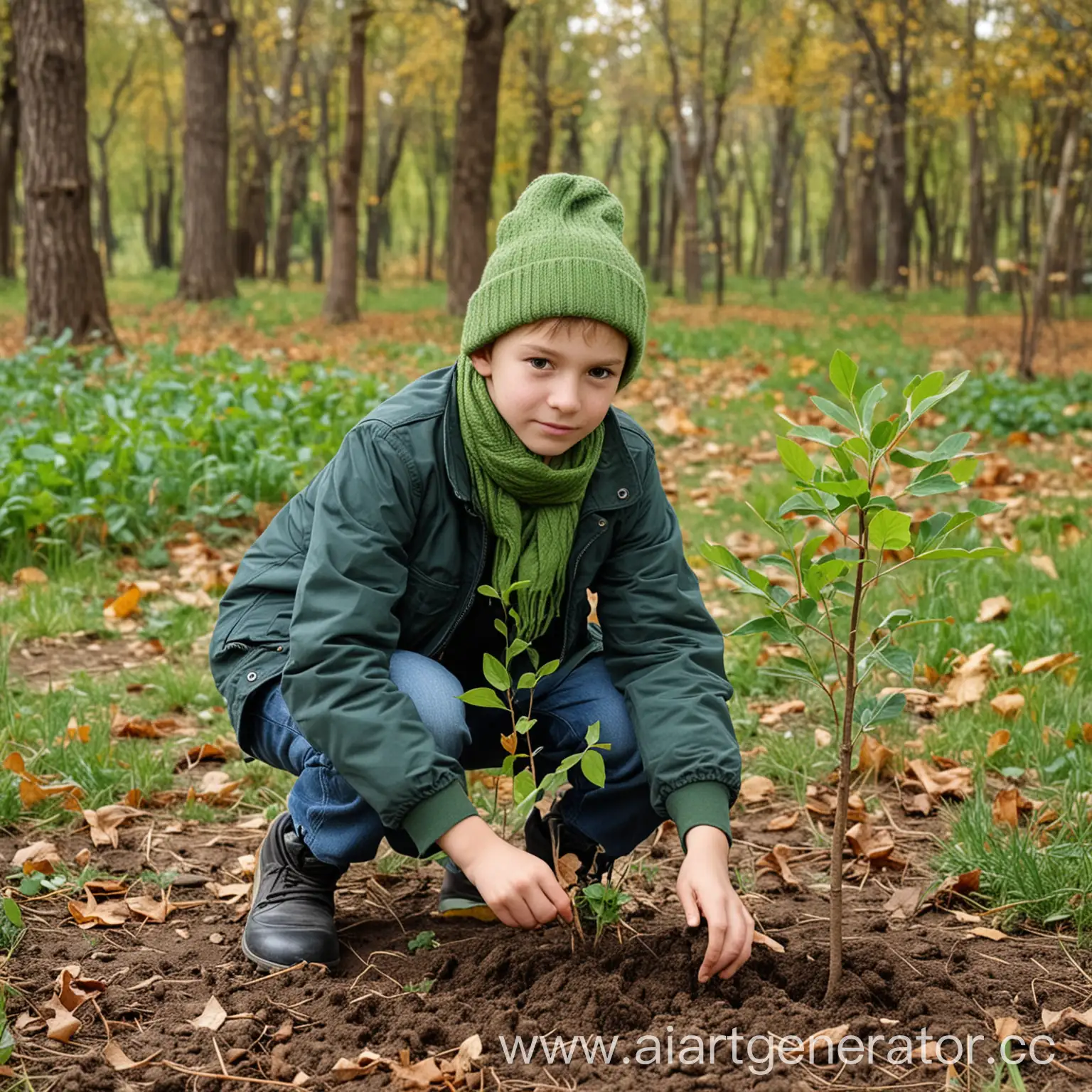 Реальная фотография. Мальчик 13 лет в зелёной шапке и зеленом шарфе сажает саженец дерева в парке. Осень.