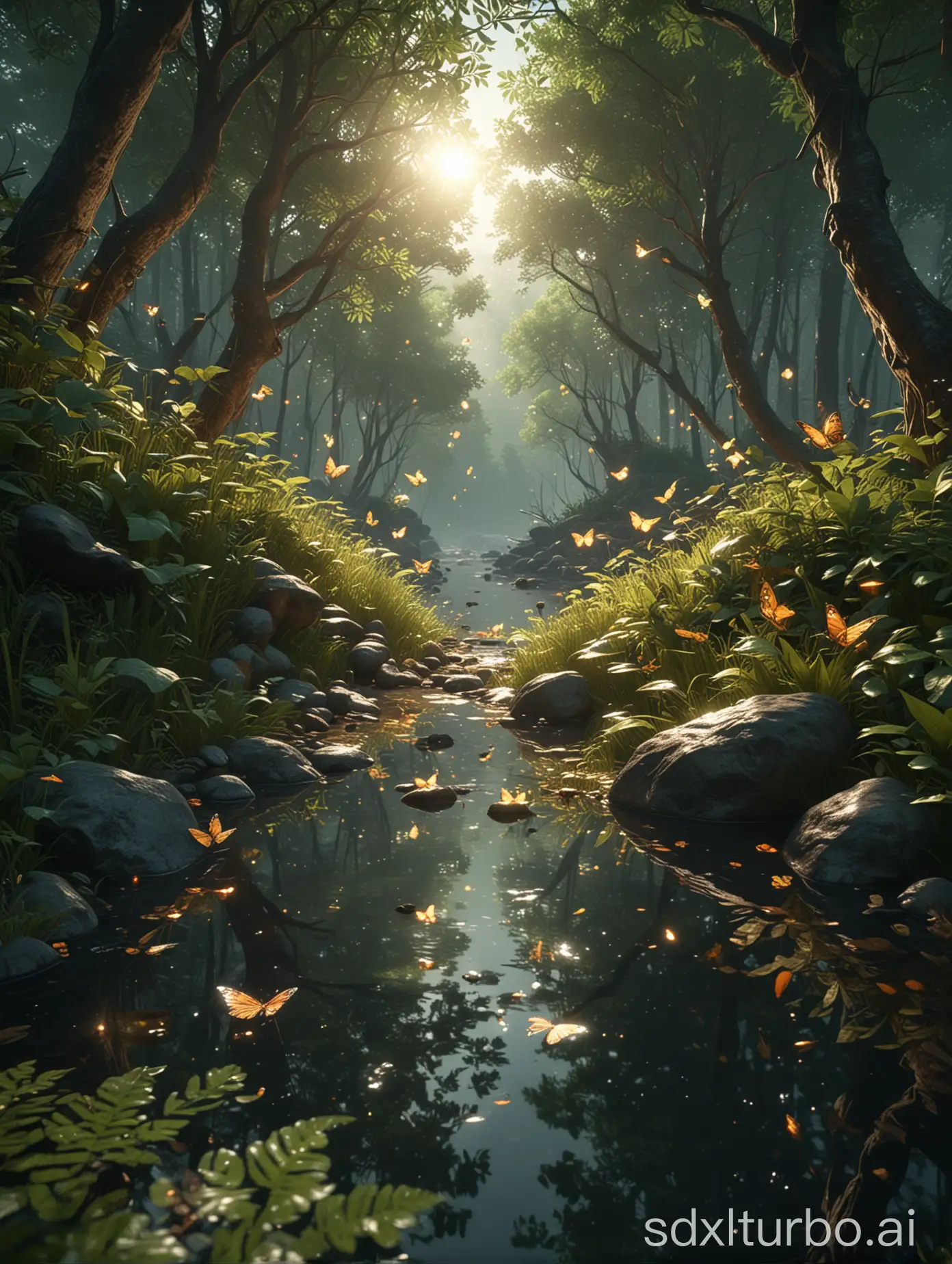 A masterpiece, the best quality, stunning reflections, the best reflections ever. (very detailed CG unity 8k wallpapers), (best quality), (best illustrations), (best shadows), forest theme with natural elements. Tall trees, quiet streams, small glowing mushrooms surrounded by delicate leaves and branches, with fireflies and glowing particle effects,, (natural elements), (jungle theme), (leaves), (twigs), (fireflies), butterflies, (delicate leaves), (glow), (particle effects). , Isometric 3D, Octane Rendering, Ray Traced, Super Detailed