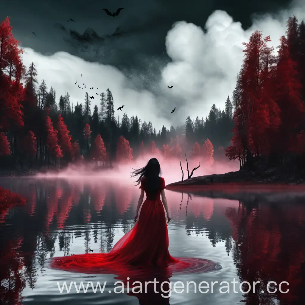 черное озеро в лесу, ведьма в красном платье на белом облаке над водой
