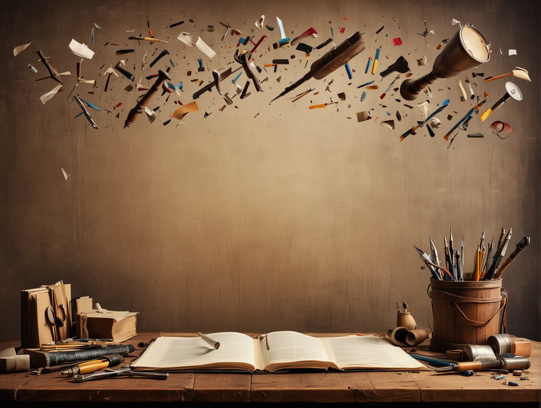 A writers studio background with tools to write a book flying around in the air 