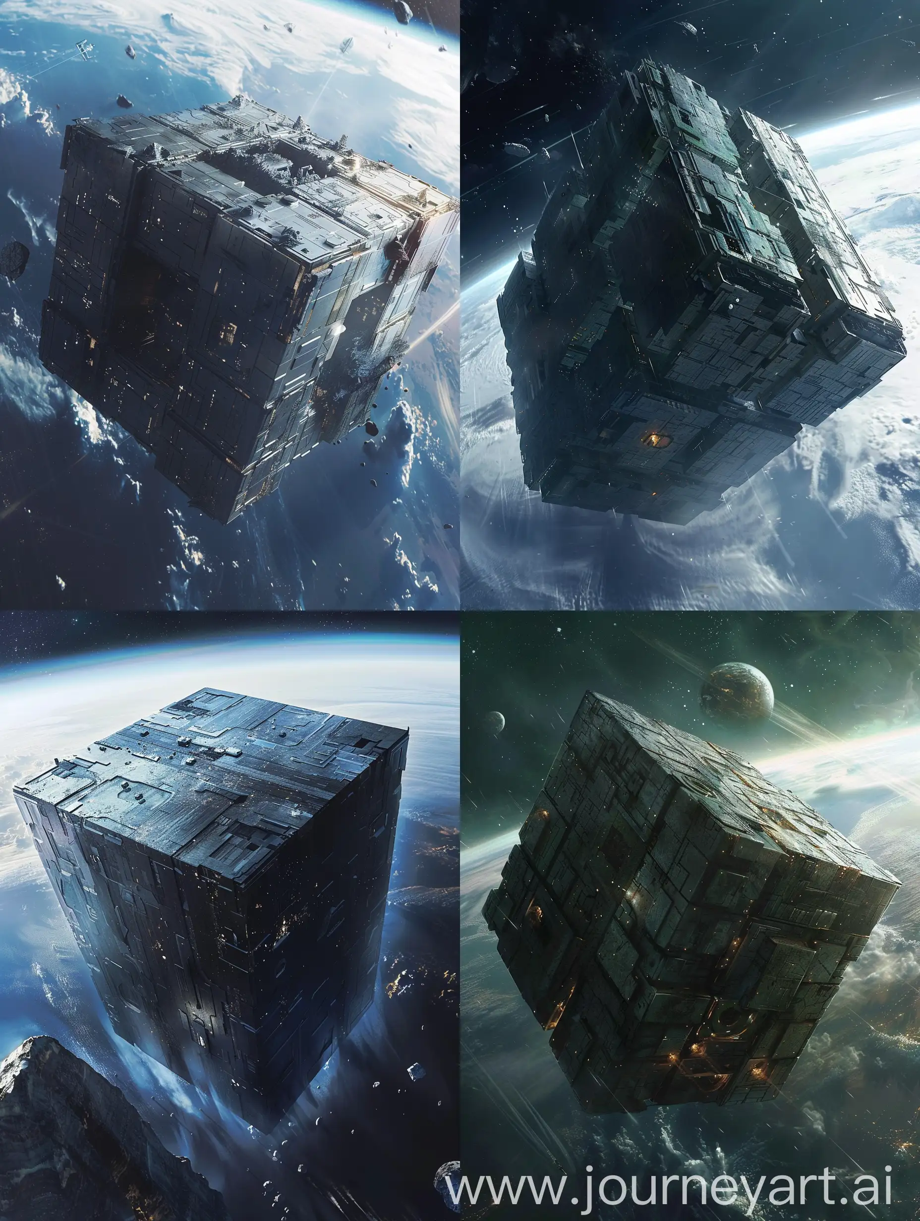 сцена огромного космического корабля в форме куба на орбите земли, куб величественен и угрожающе выглядит