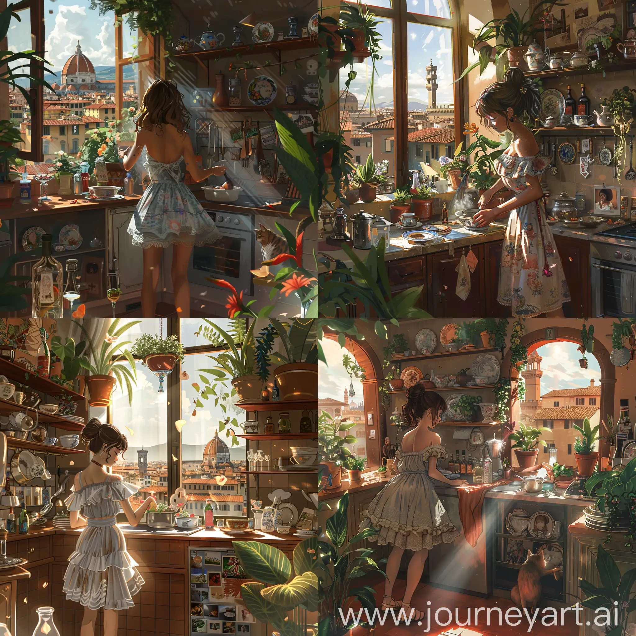 Stylish-French-Girl-Cooking-Among-Lush-Plants-in-Sunlit-Kitchen-Overlooking-Florence-Rooftops