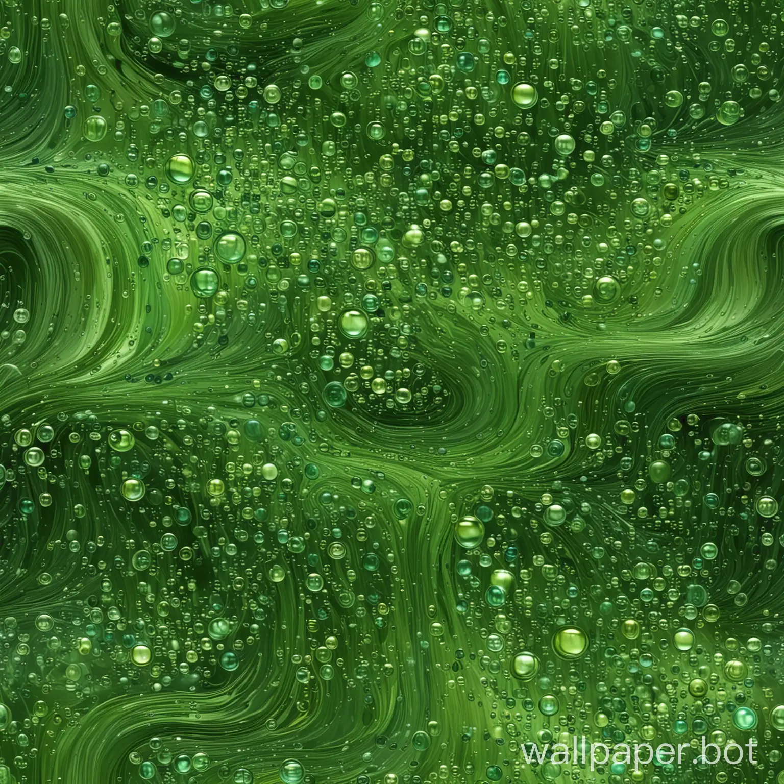 Generate a high-resolution, abstract wallpaper with a swirling, fluid design in various shades of green. The image should have a sense of depth and movement, resembling flowing liquid or waves. Include lighter and darker areas to create contrast and visual interest, with some bubbles or droplets scattered throughout to add texture. The overall effect should be dynamic and calming, with smooth transitions between different shades of green.