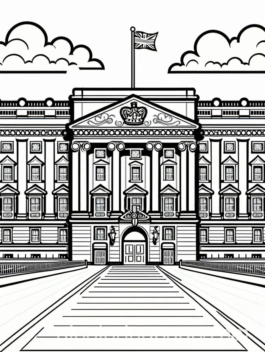 Buckingham Palace, coloring book page, simple and clean line art, children's drawing book, black and white, crisp sharp lines, cartoon style, white background, Simplicity, Ample White Space. The background of the coloring page is plain white to make it easy for young children to color within the lines. The outlines of all the subjects are easy to distinguish, making it simple for kids to color without too much difficulty, Coloring Page, black and white, line art, white background, Simplicity, Ample White Space. The background of the coloring page is plain white to make it easy for young children to color within the lines. The outlines of all the subjects are easy to distinguish, making it simple for kids to color without too much difficulty