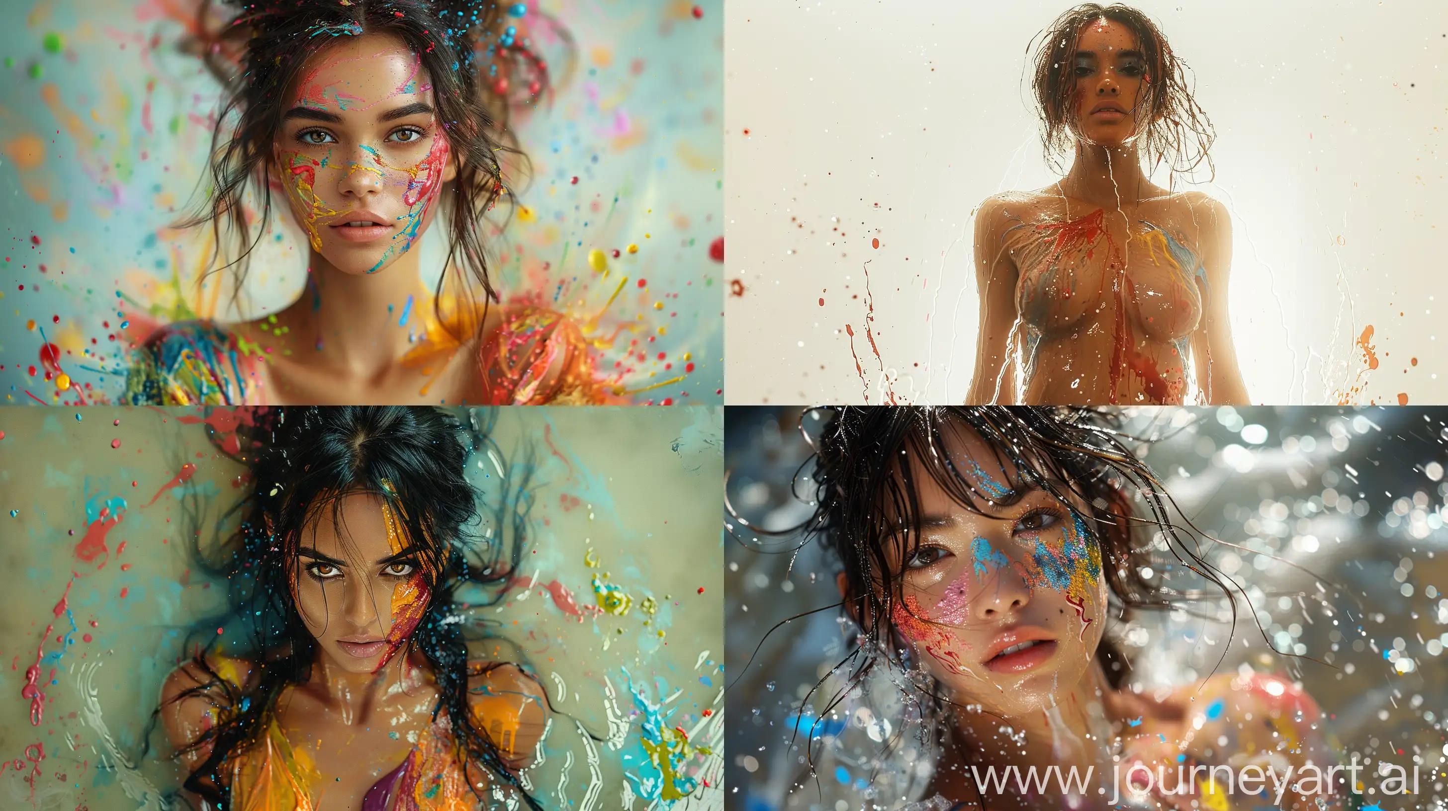a photorealistic image of a beautiful young woman. Her body is painted with very colorful paint. There are paint splatters everywhere. The woman was filmed from below. --ar 16:9 --s 1000