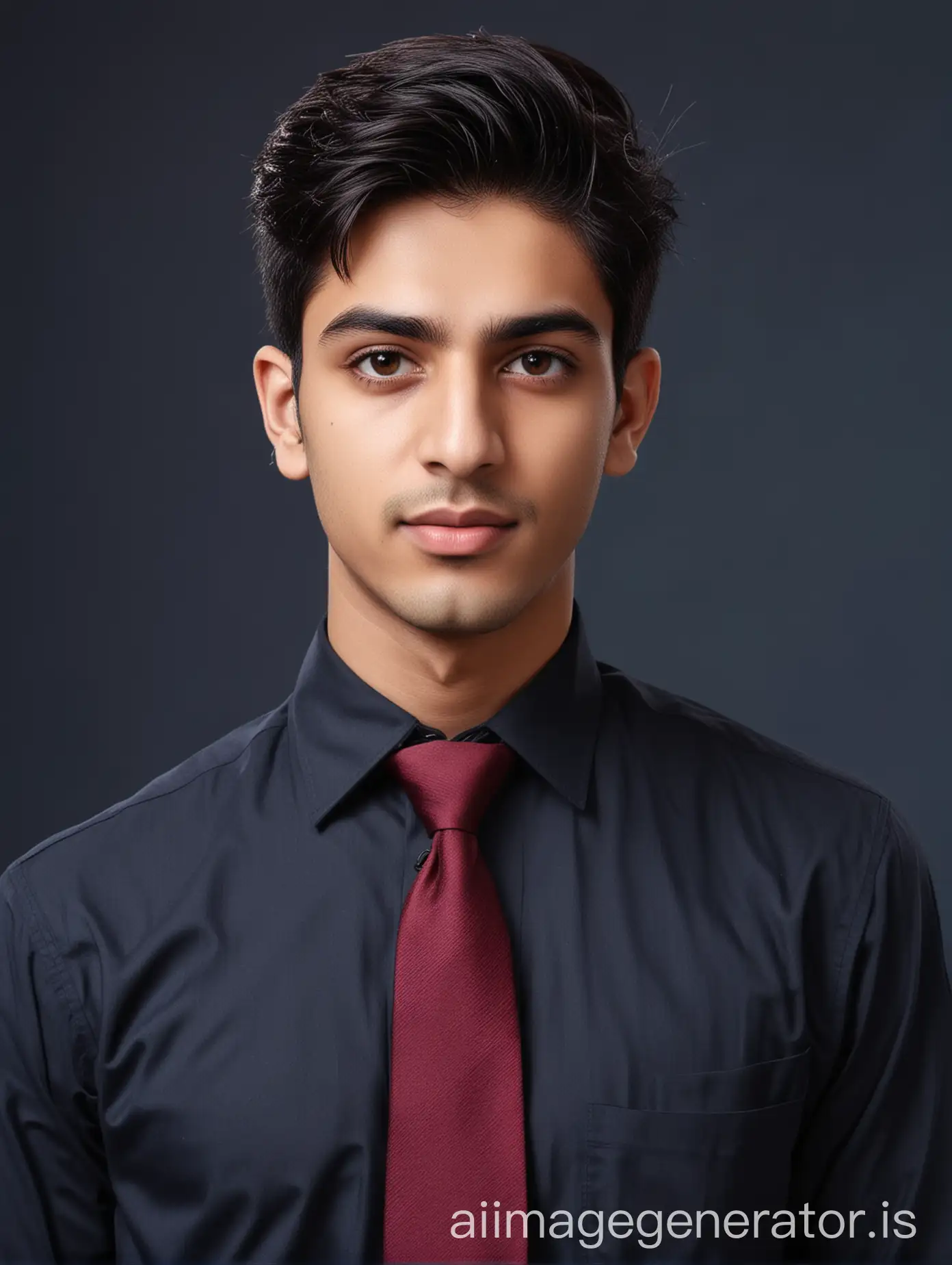 A young handsome Pakistani man, age 18 years old, black short and thin side cut hair. Wearing black long sleeve shirt with maroon tie. Background solid navy blue. Body and face facing the camera, for passport photo, 8K , UHD.