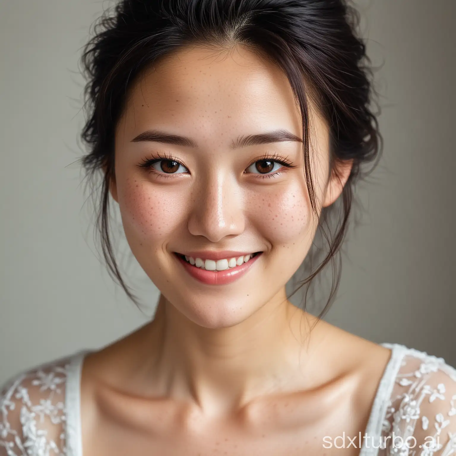 A beautiful and delicate Chinese woman, elegant temperament, facing the camera, smiling, with freckles all over her face.