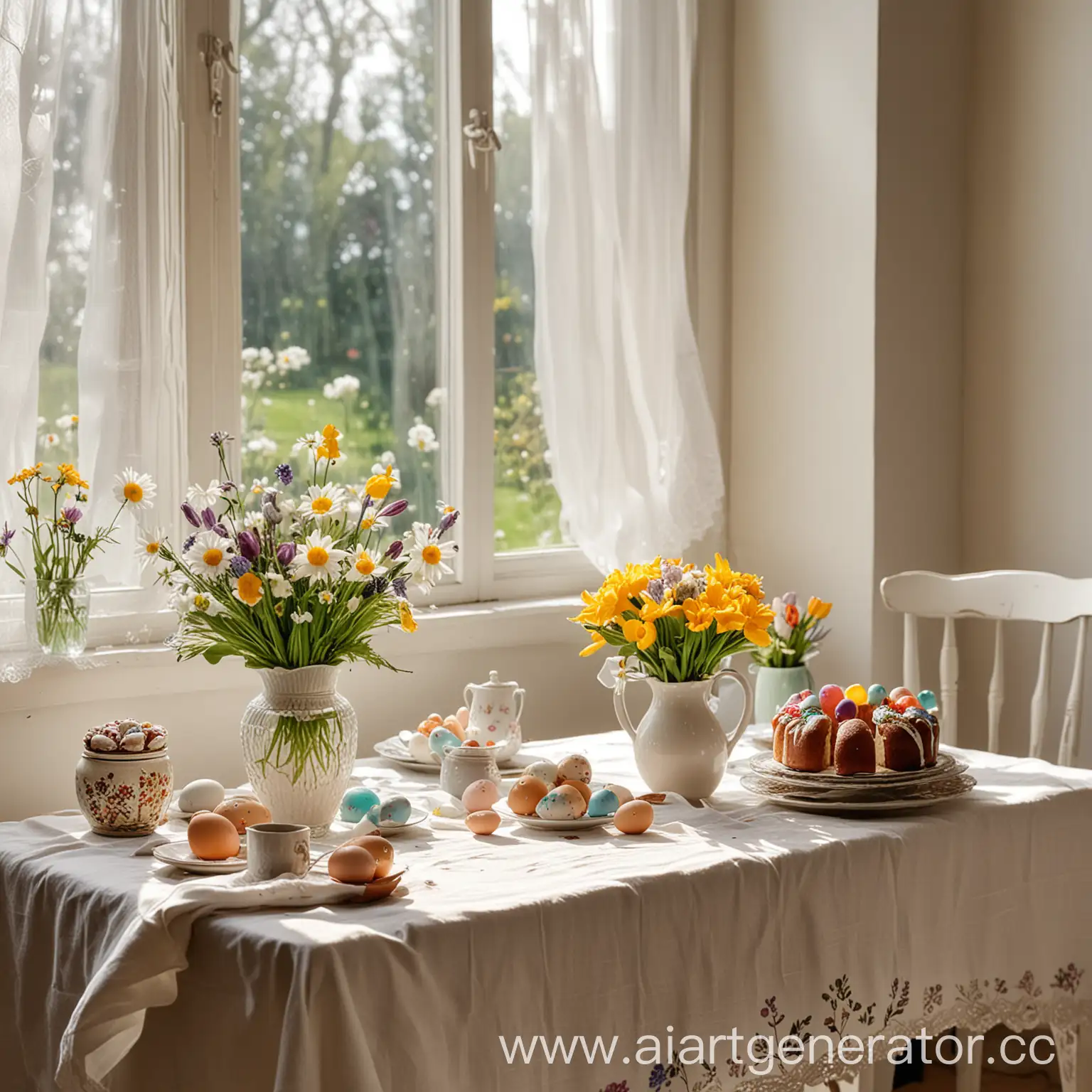 стол с белой скатертью,красивые расписные яйца,куличи праздник пасхи, в вазе стоят цветы и красивый солнечный свет из окна

