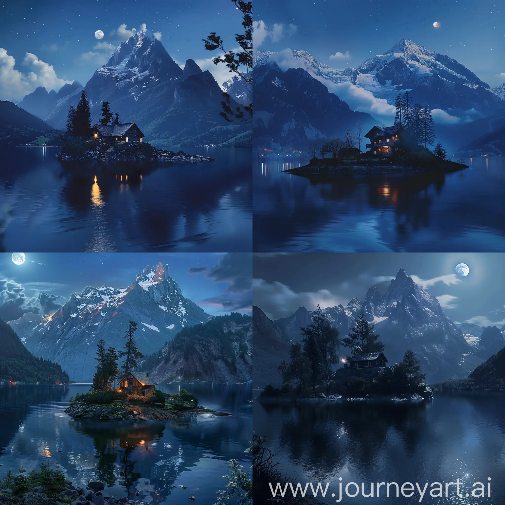 Serene-Mountain-Lake-Night-Scene-with-Island-Hut-and-Moon