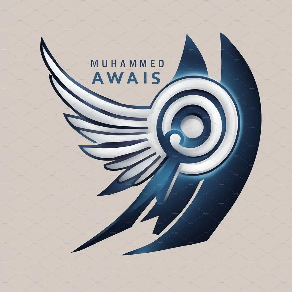 a logo design,with the text "Muhammed Awais", main symbol:Target Angel Wings,color white and blue.moti mension not circle logo use,Moderate,be used in Entertainment industry,clear background