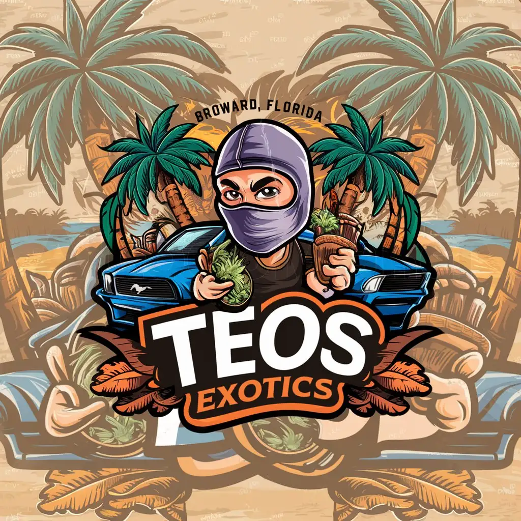 a logo design,with the text TEOS EXOTICS, main symbol:A highly detailed weed , money , palm tree inspired background with a cartoon character wearing a balaclava with holding a bag of weed and a blunt , with a blue mustang ,including BROWARD, FLORIDA references ,Moderate,be used in Others industry,clear background