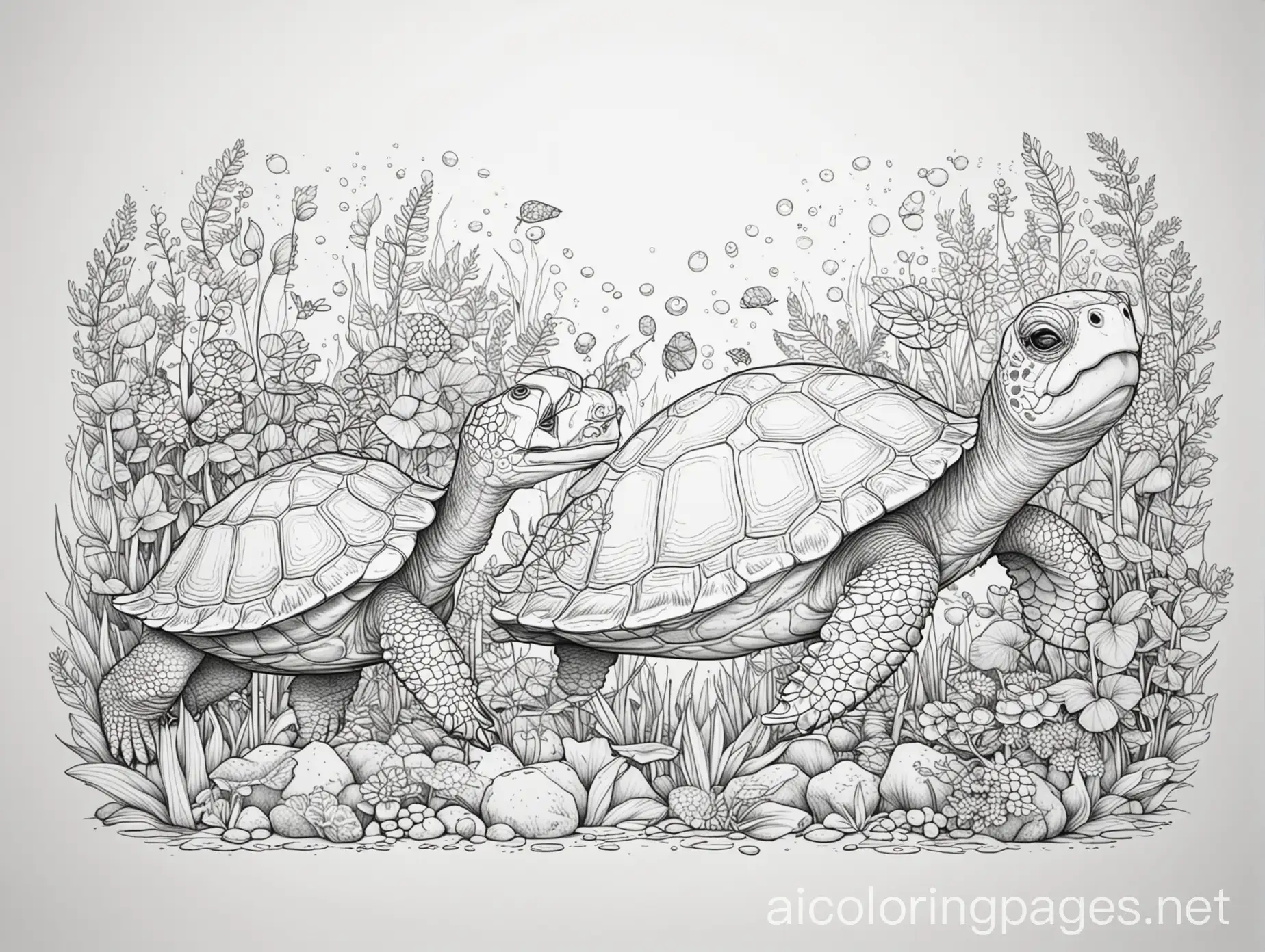 turtle and friends happy morning, Coloring Page, black and white, line art, white background, Simplicity, Ample White Space. The background of the coloring page is plain white to make it easy for young children to color within the lines. The outlines of all the subjects are easy to distinguish, making it simple for kids to color without too much difficulty
