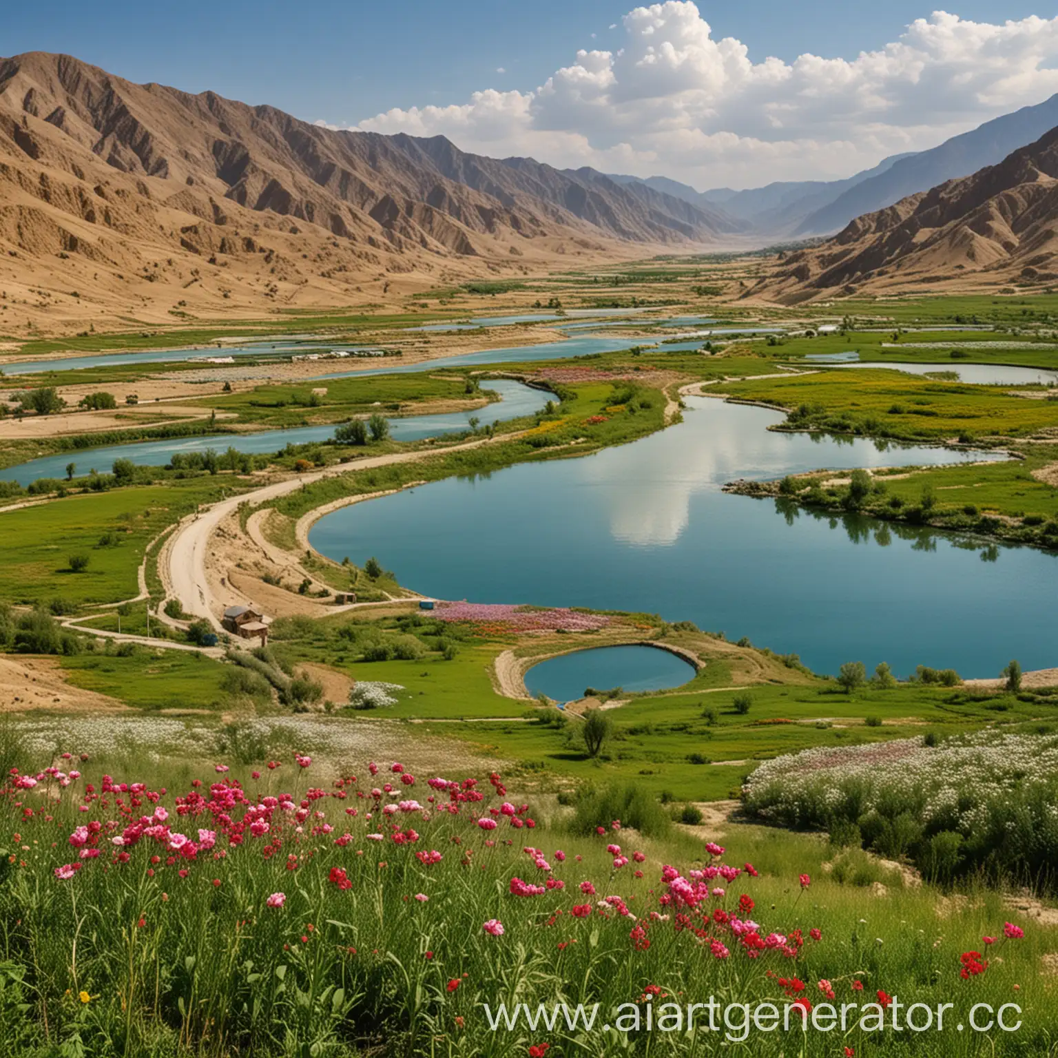 Picturesque-Turkmen-Landscape-Mountains-Lake-and-Blooming-Fields