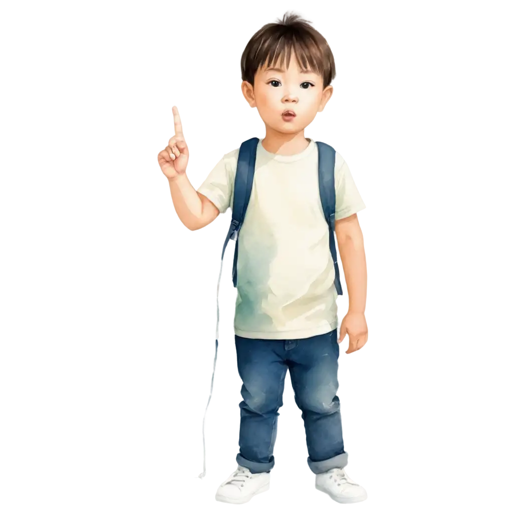 Watercolor-PNG-Image-Enchanting-Asian-Child-in-Dreamy-Cartoon-Style-with-Finger-on-Mouth