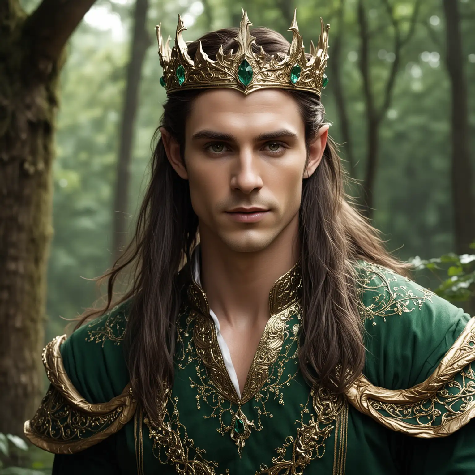 Sexy Elf King with Dark Green Eyes in Forest Palace