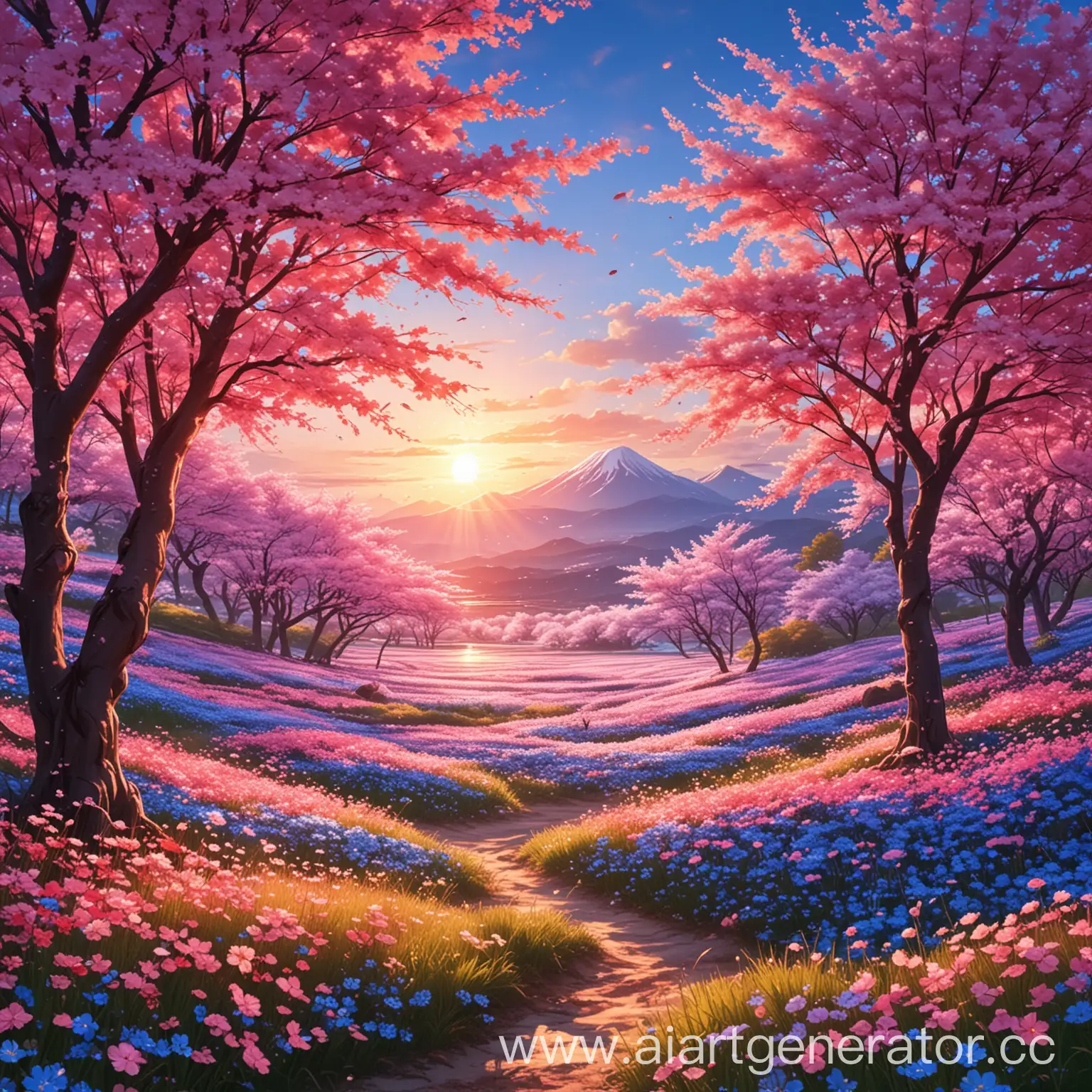 Sakura-Sunset-Anime-Landscape-with-Pink-and-Blue-Flowers