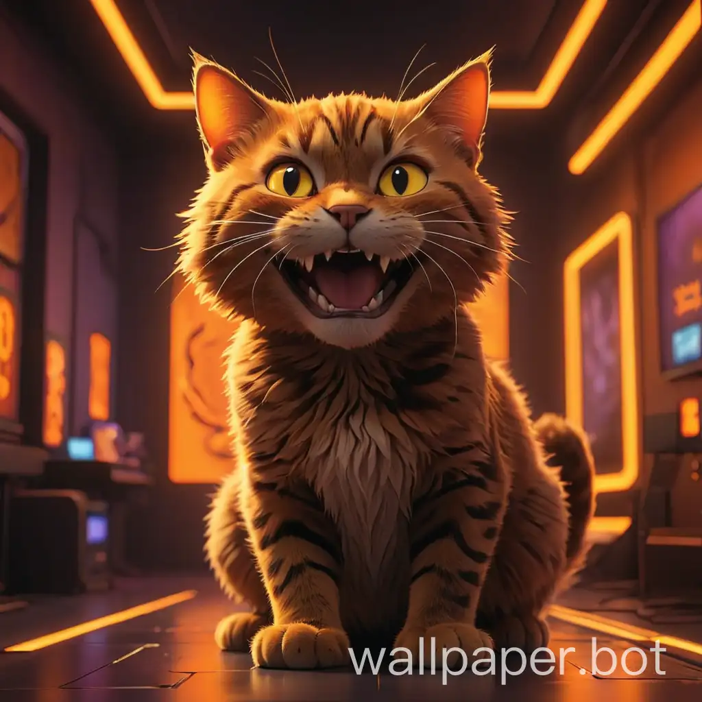 Create a 3D animated vector silhouette image of a smiling cat from a front angle, looking directly at the camera, with a frontal view, in a room lit with orange neon lights, a gaming room. --ar 1:1